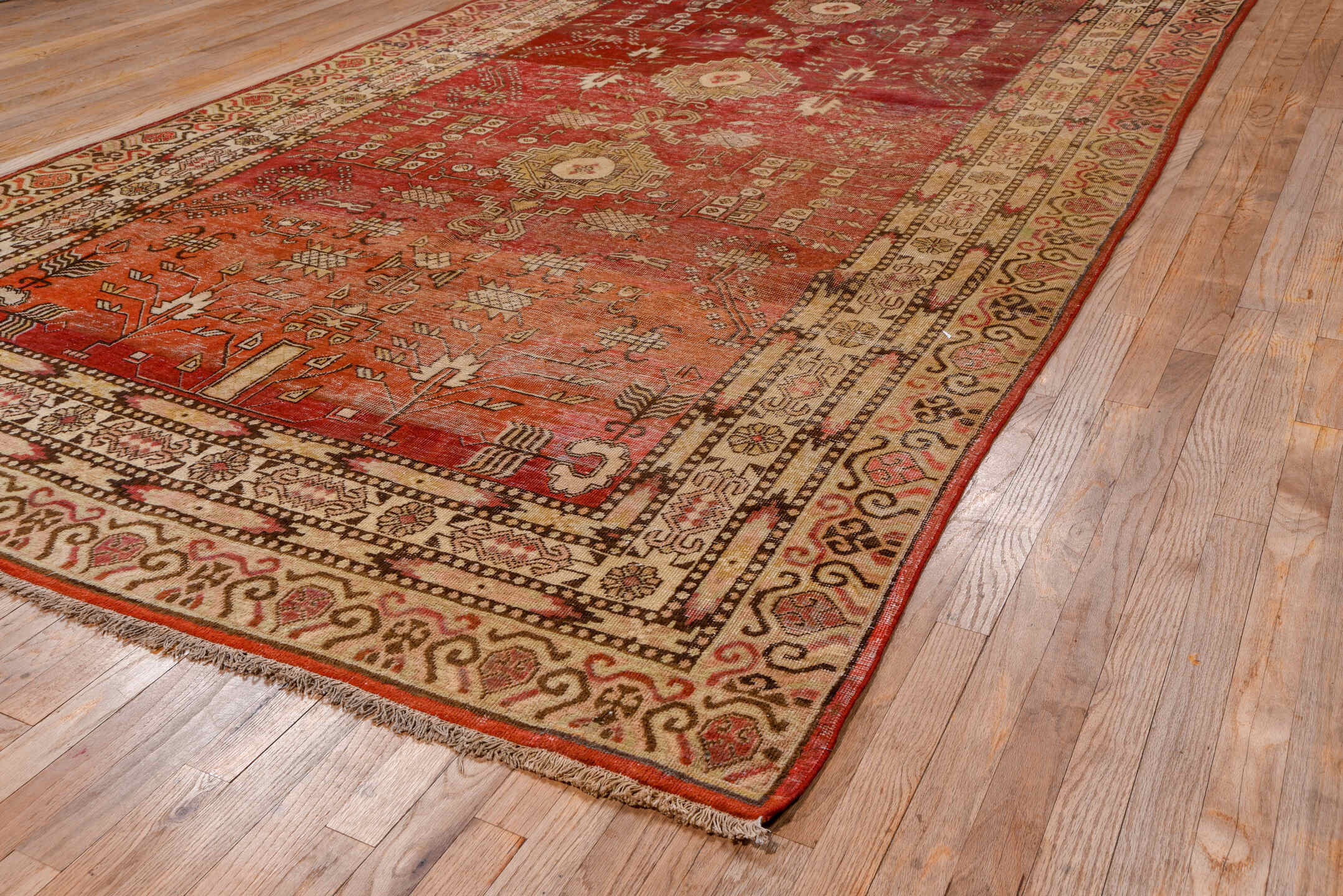 6' x 13' one-of-a-kind handmade vintage Khotan large size rug. Color palette: brown, gray, pink, red