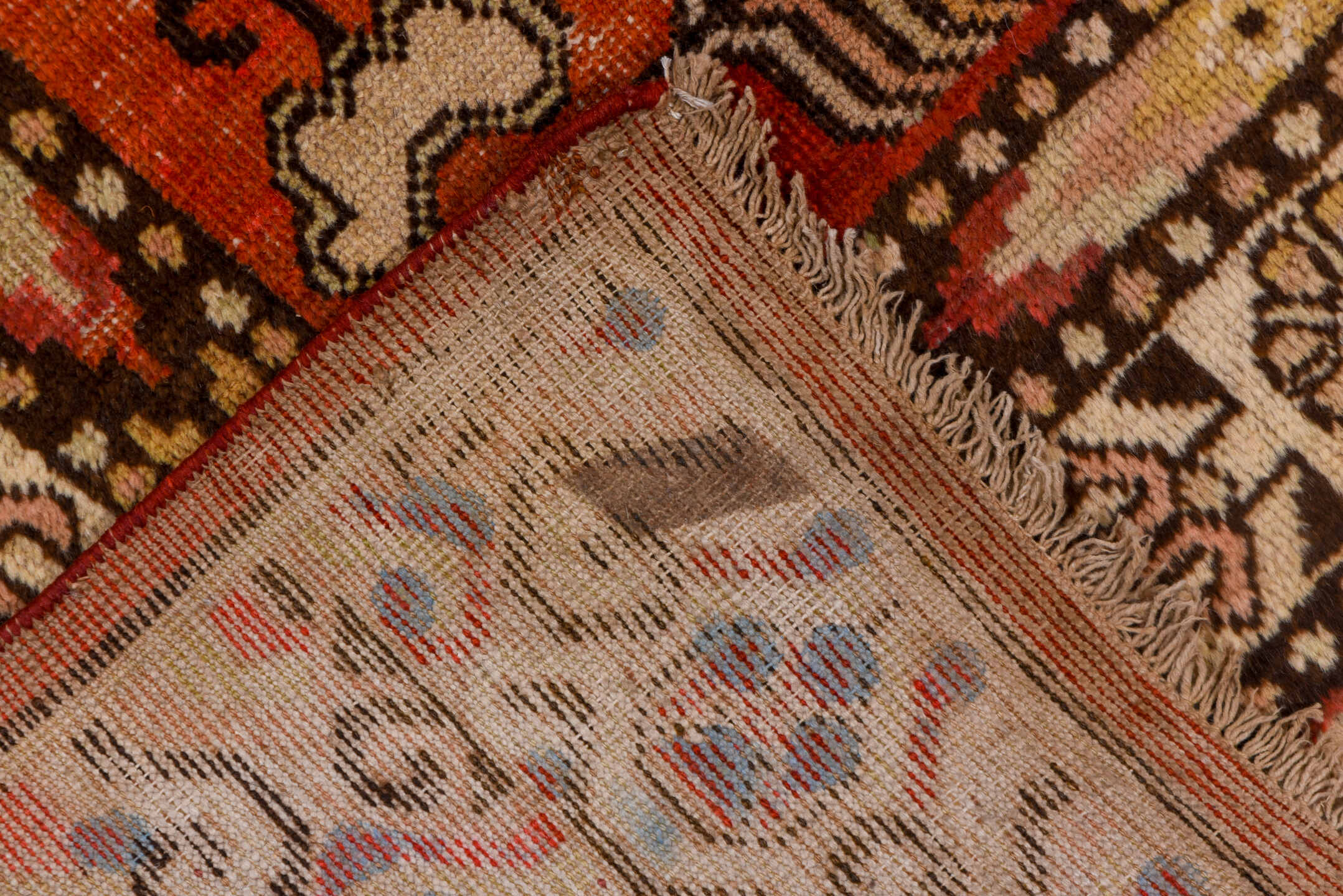 6' x 13' one-of-a-kind handmade vintage Khotan large size rug. Color palette: brown, gray, pink, red