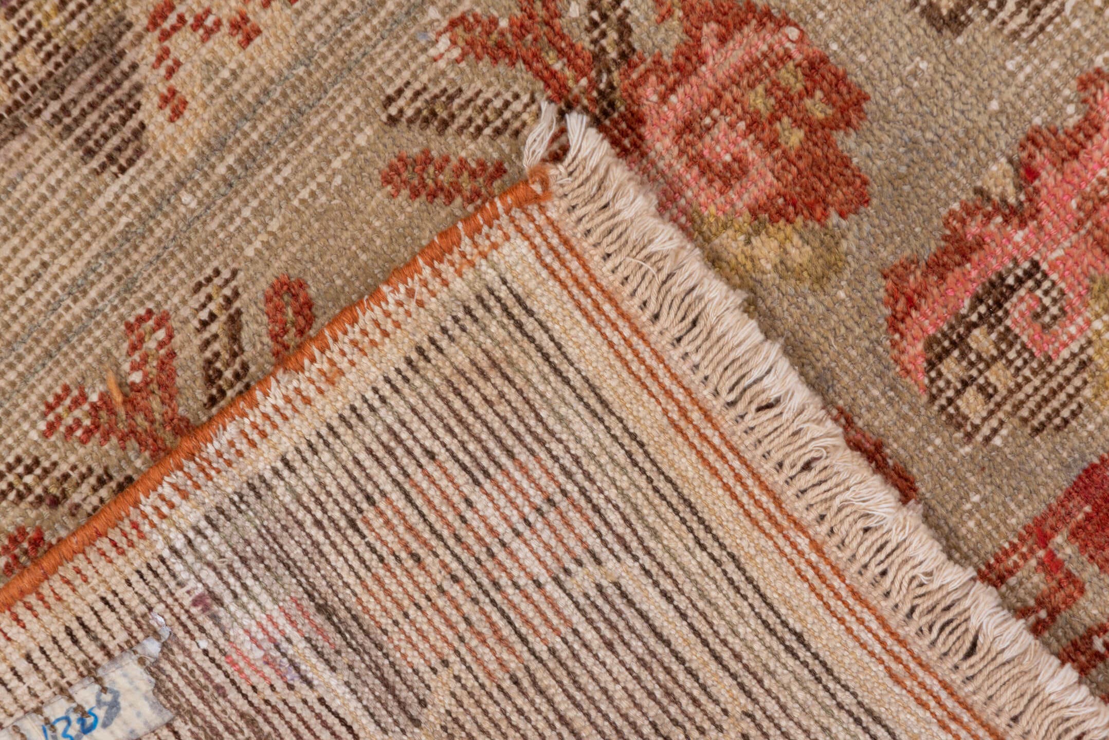 4' x 7' one-of-a-kind handmade antique Khotan rug. Color palette: ivory, taupe, rust, brown, rose, camel, beige, gray