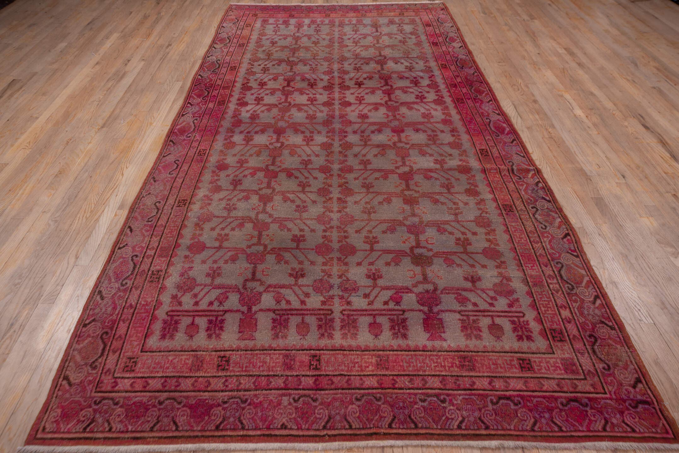 6' x 13' one-of-a-kind handmade antique Khotan large size rug. Color palette: rose, dusty mauve, terra cotta, crimson, taupe