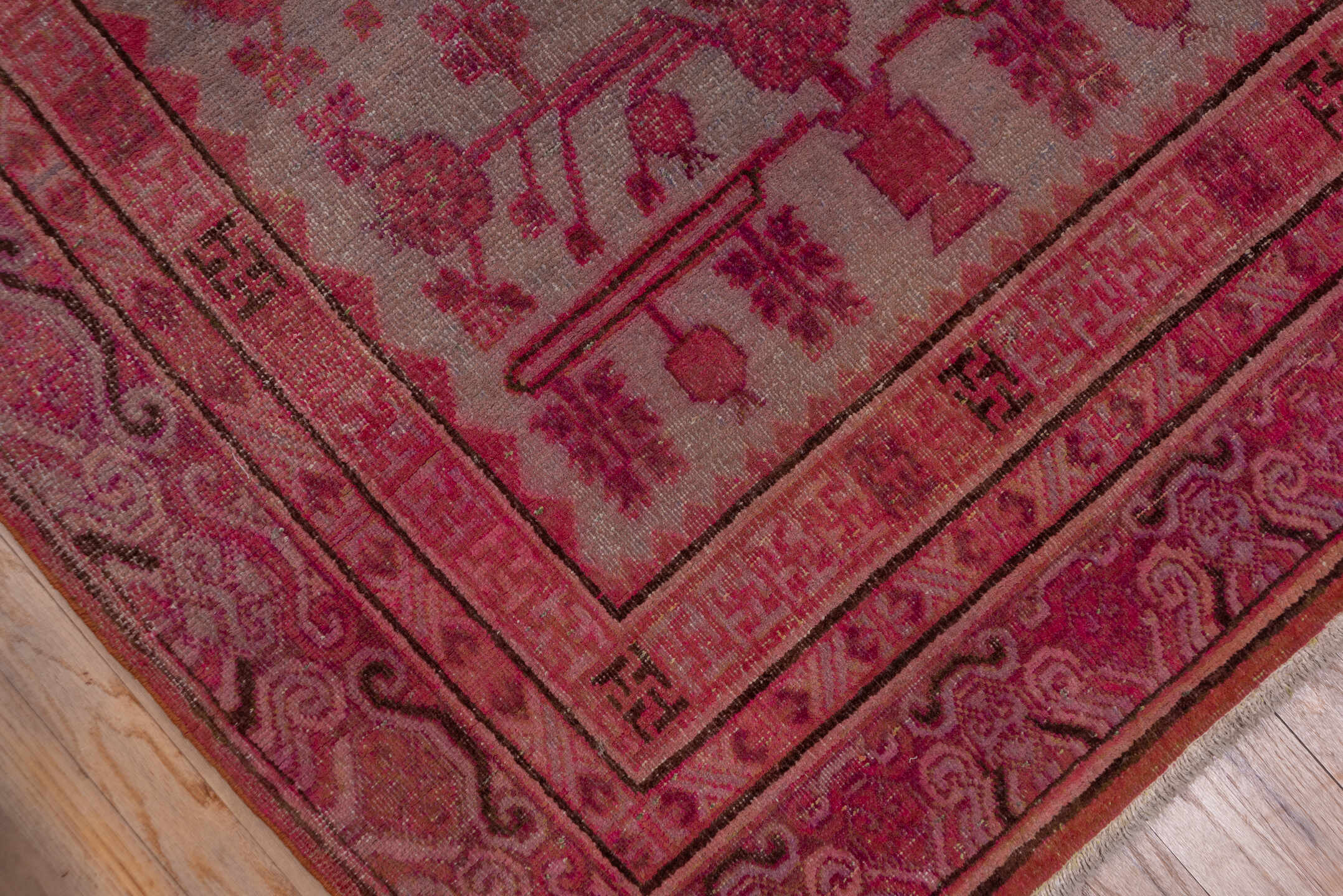 6' x 13' one-of-a-kind handmade vintage Khotan large size rug. Color palette: brown, gray, pink, red, wine