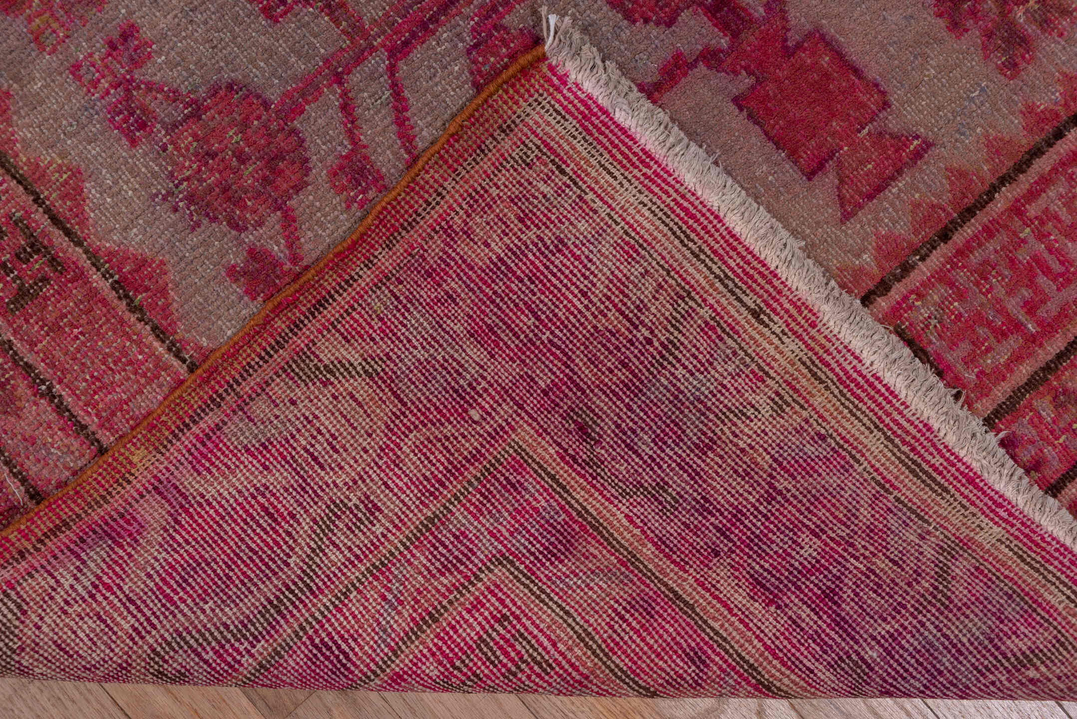 6' x 13' one-of-a-kind handmade vintage Khotan large size rug. Color palette: brown, gray, pink, red, wine
