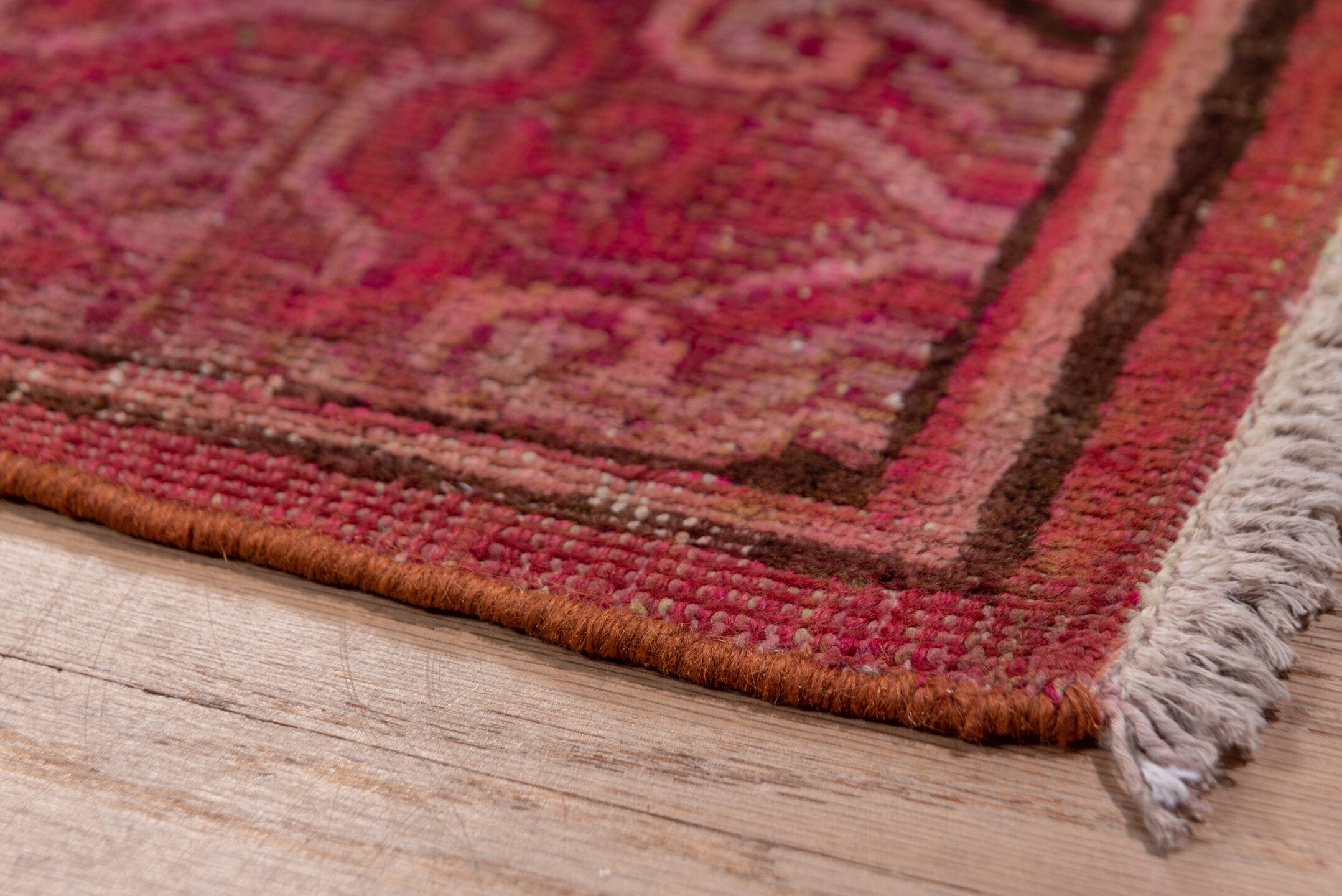 6' x 13' one-of-a-kind handmade antique Khotan large size rug. Color palette: rose, dusty mauve, terra cotta, crimson, taupe