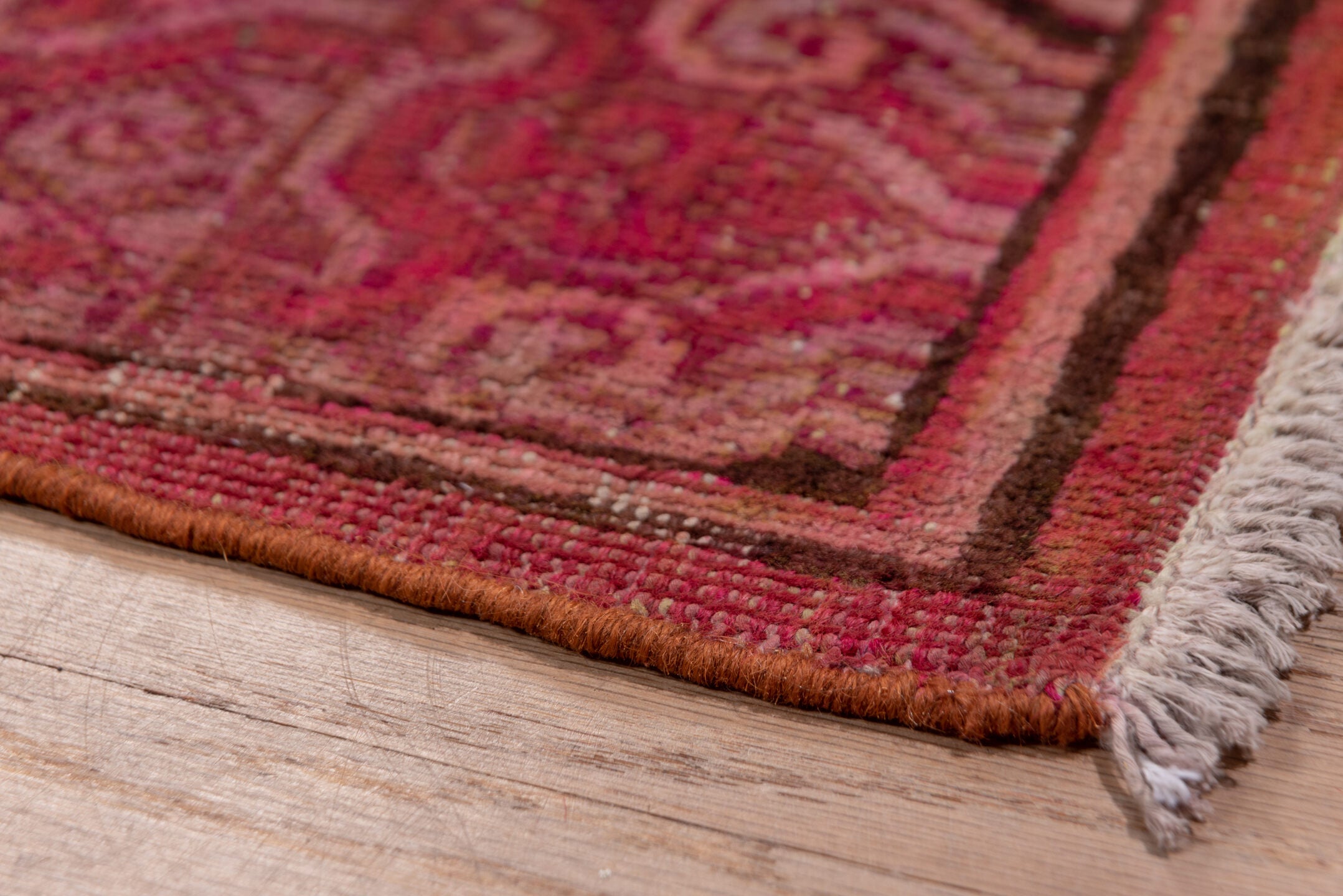 6' x 13' one-of-a-kind handmade vintage Khotan large size rug. Color palette: brown, gray, pink, red, wine
