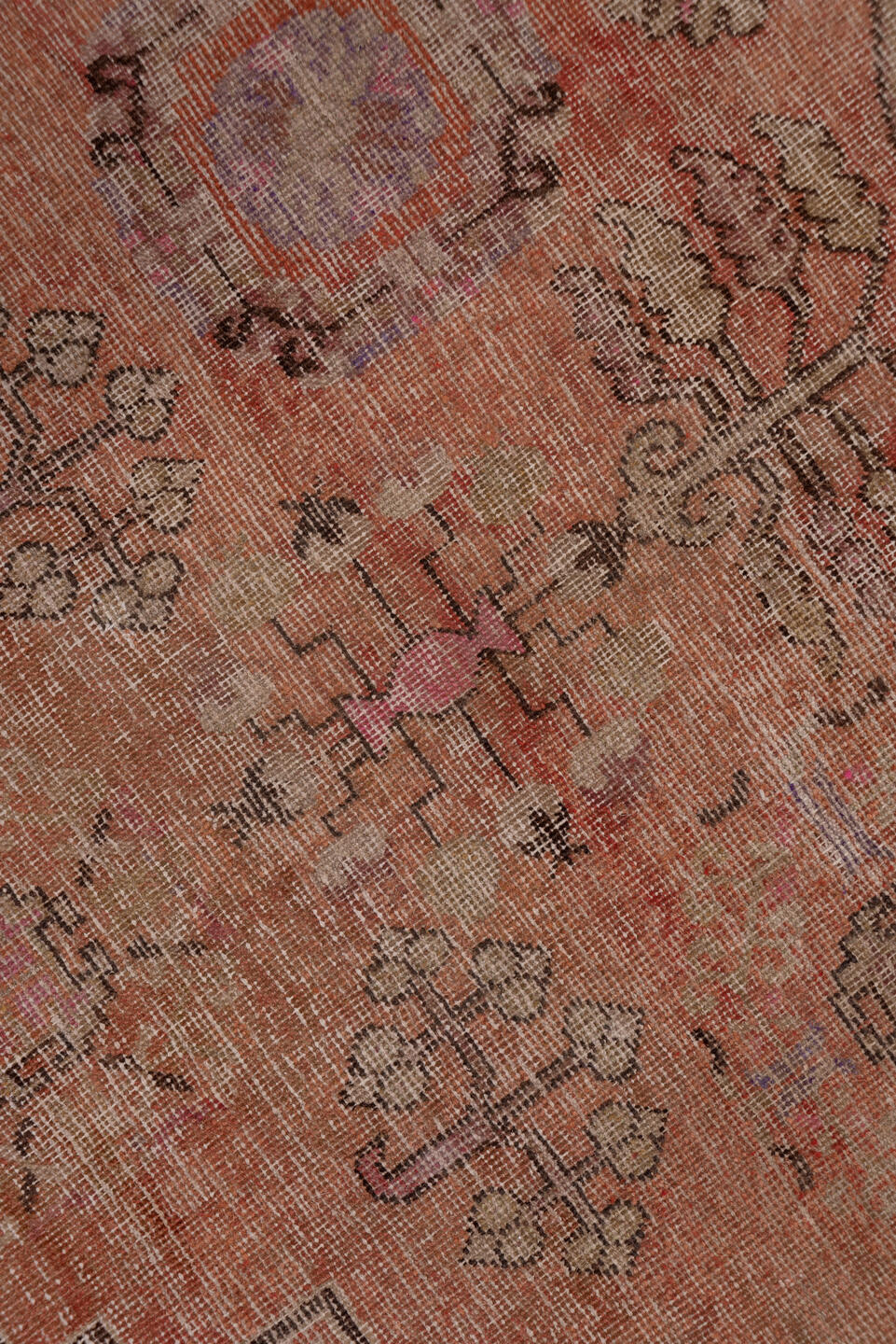4' x 9' one-of-a-kind handmade vintage Khotan runner rug. Color palette: brown, gray, pink, red