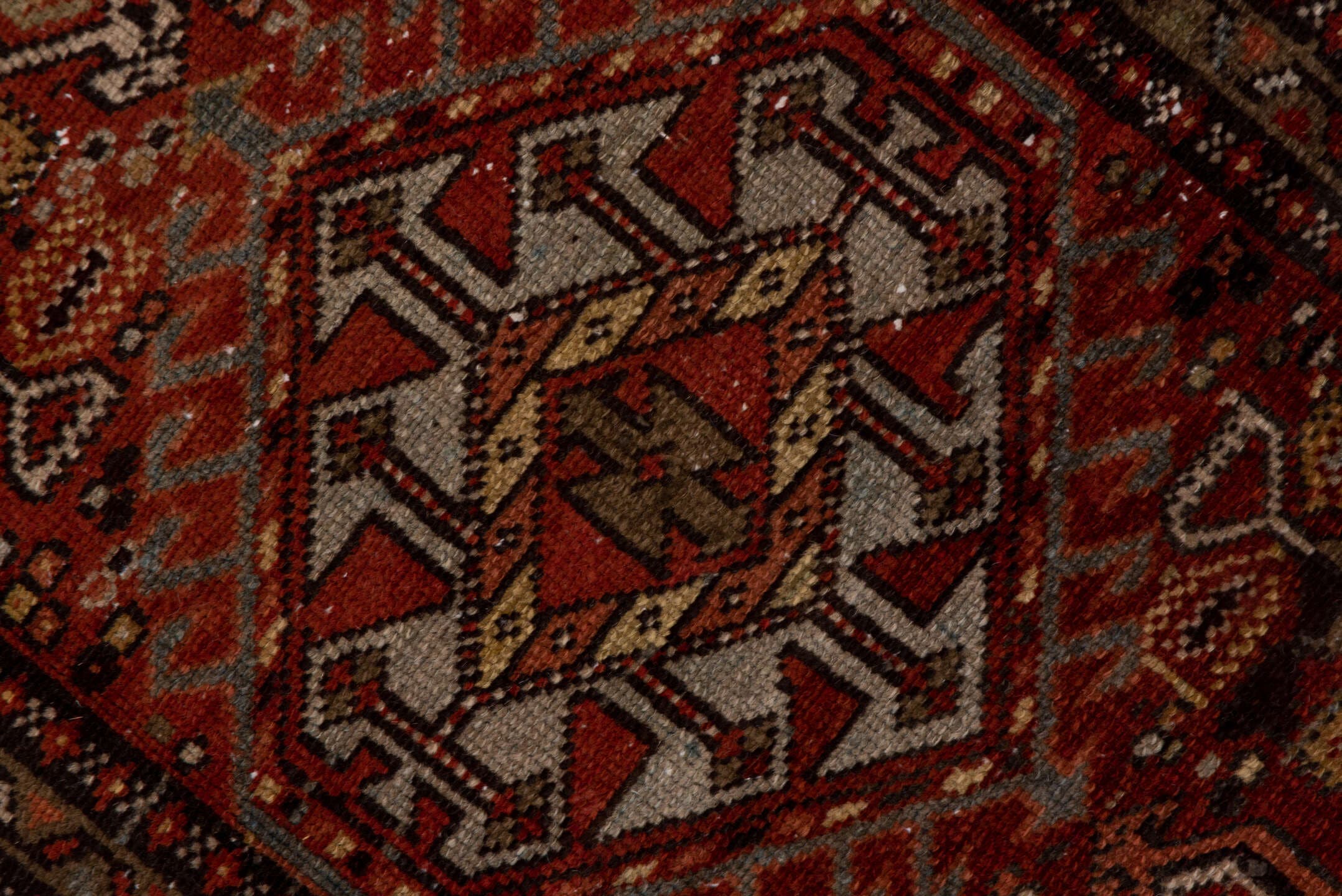 3' x 14' one-of-a-kind handmade antique Karaje runner rug. Color palette: rust, blue-gray, ivory, burgundy, taupe, camel