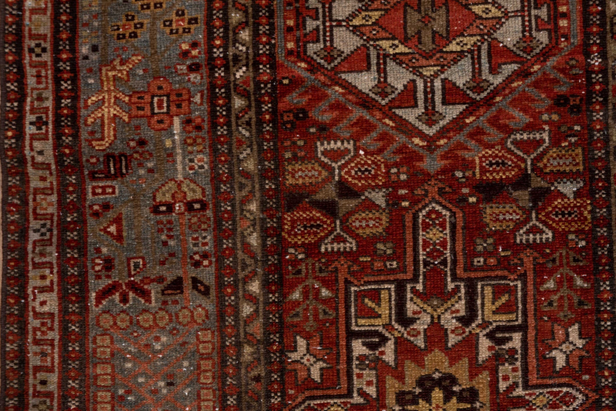 3' x 14' one-of-a-kind handmade antique Karaje runner rug. Color palette: rust, blue-gray, ivory, burgundy, taupe, camel