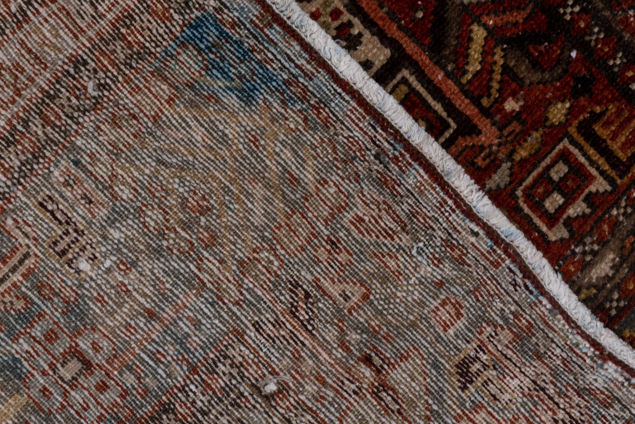 3' x 14' one-of-a-kind handmade antique Karaje runner rug. Color palette: rust, blue-gray, ivory, burgundy, taupe, camel
