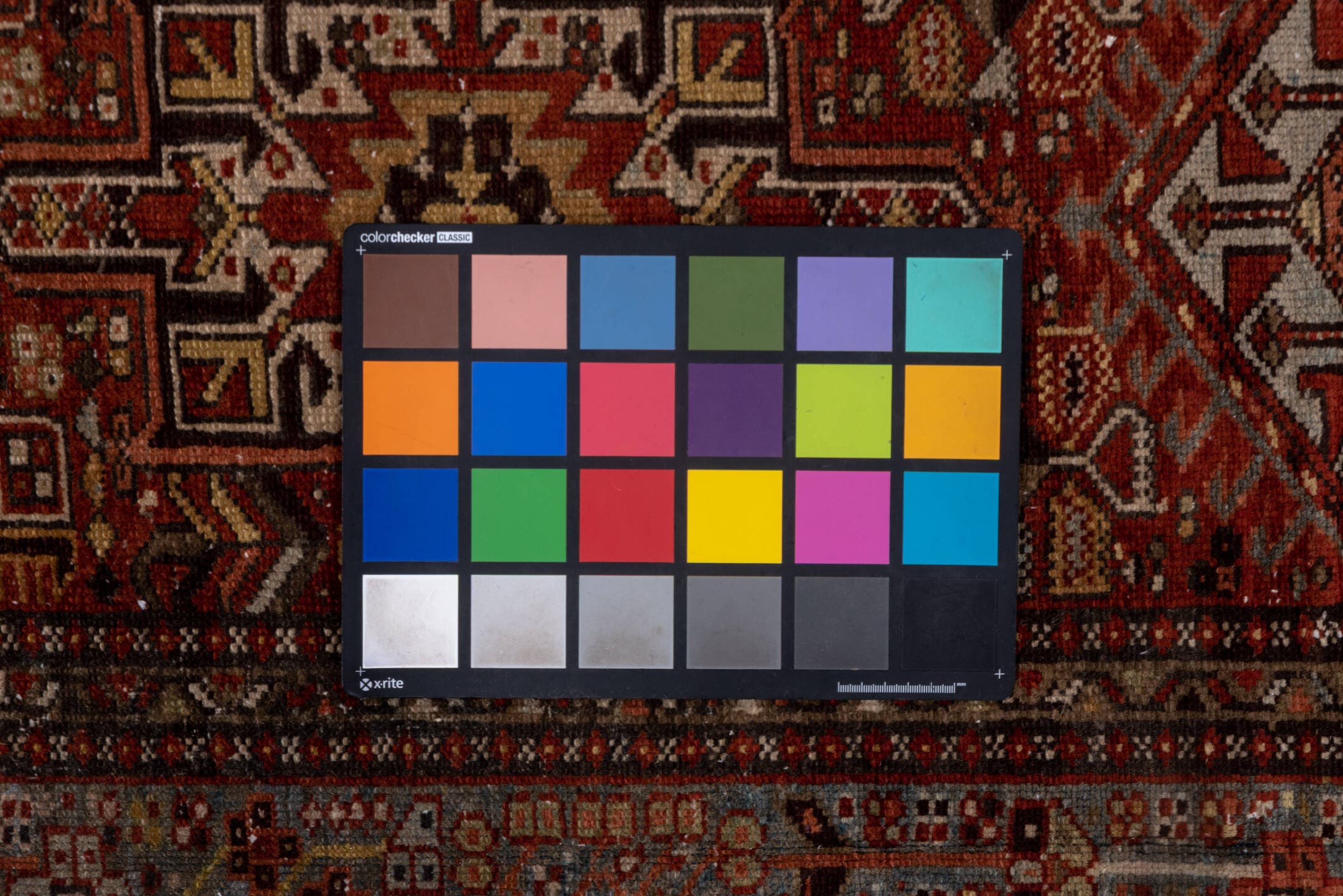 3' x 14' one-of-a-kind handmade antique Karaje runner rug. Color palette: rust, blue-gray, ivory, burgundy, taupe, camel