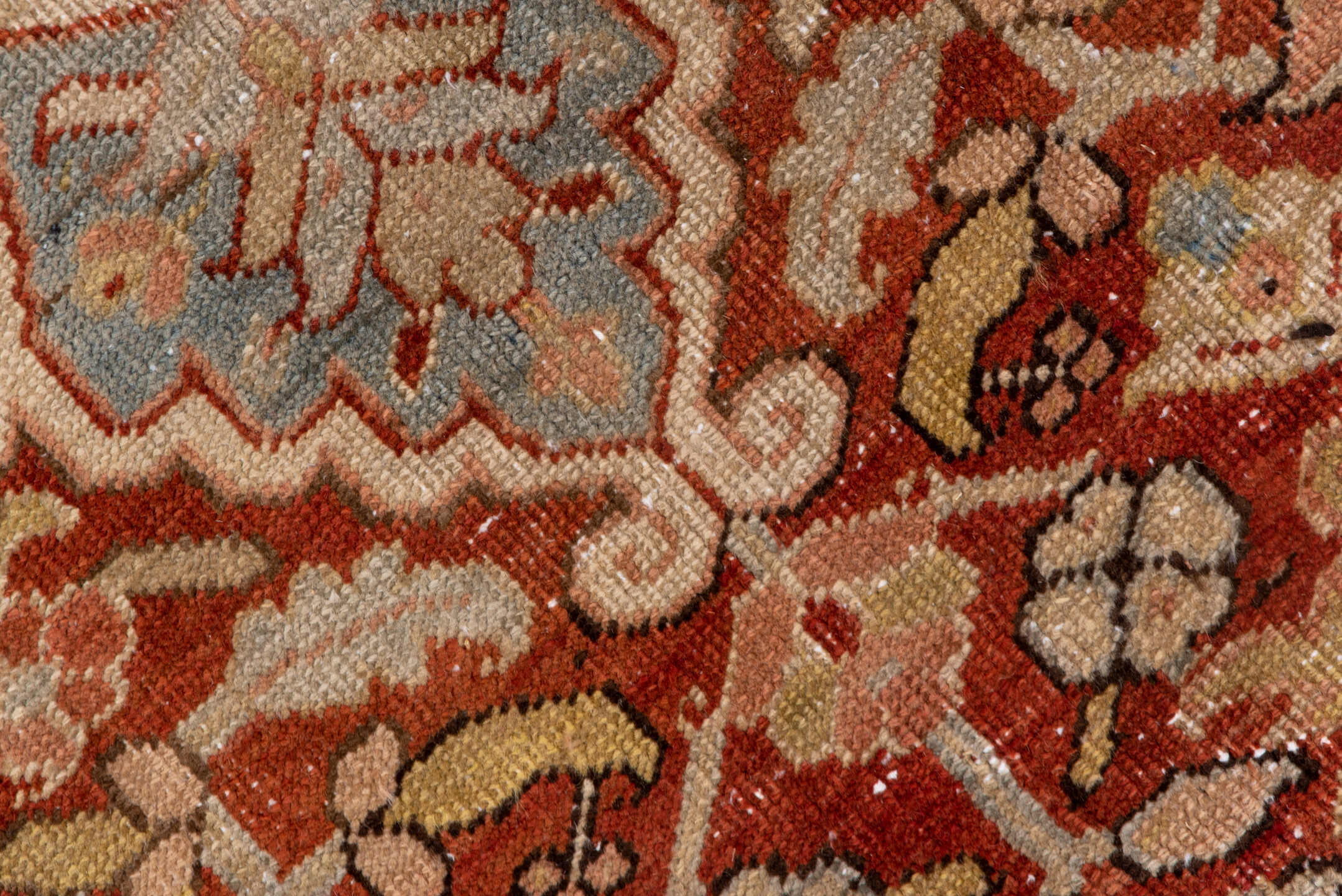 7' x 11' one-of-a-kind handmade antique Heriz large size rug. Color palette: terra cotta, light blue, ivory, rust, sage