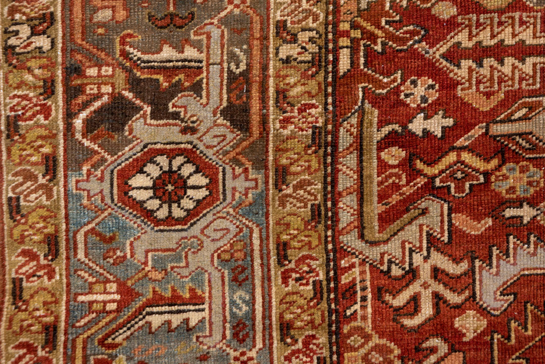 8' x 10' one-of-a-kind handmade antique Heriz large size rug. Color palette: rust, sky blue, ivory, terra cotta, camel