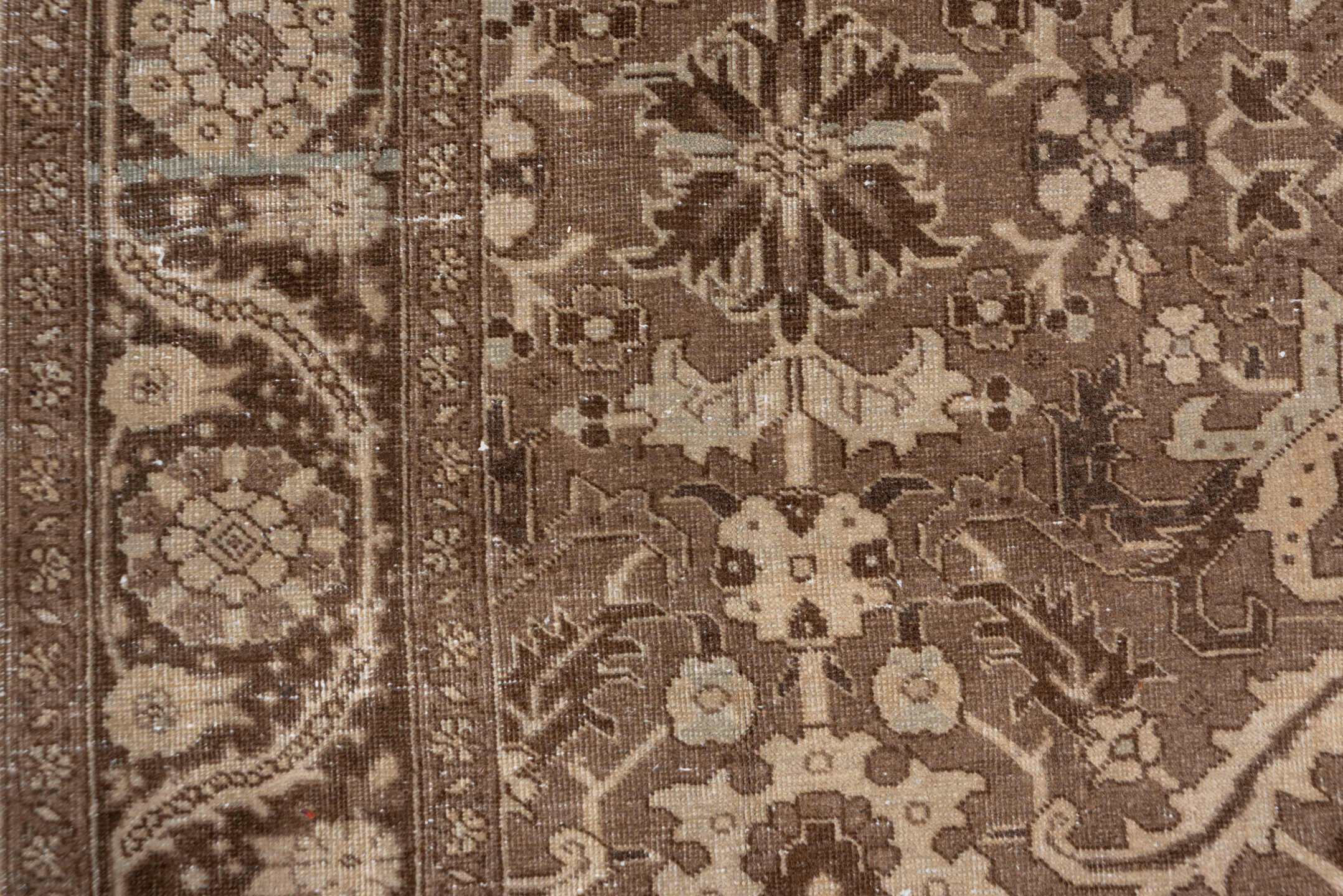 6' x 10' one-of-a-kind handmade vintage Heriz large size rug. Color palette: brown, gray, light gray, off-white, pink, snow