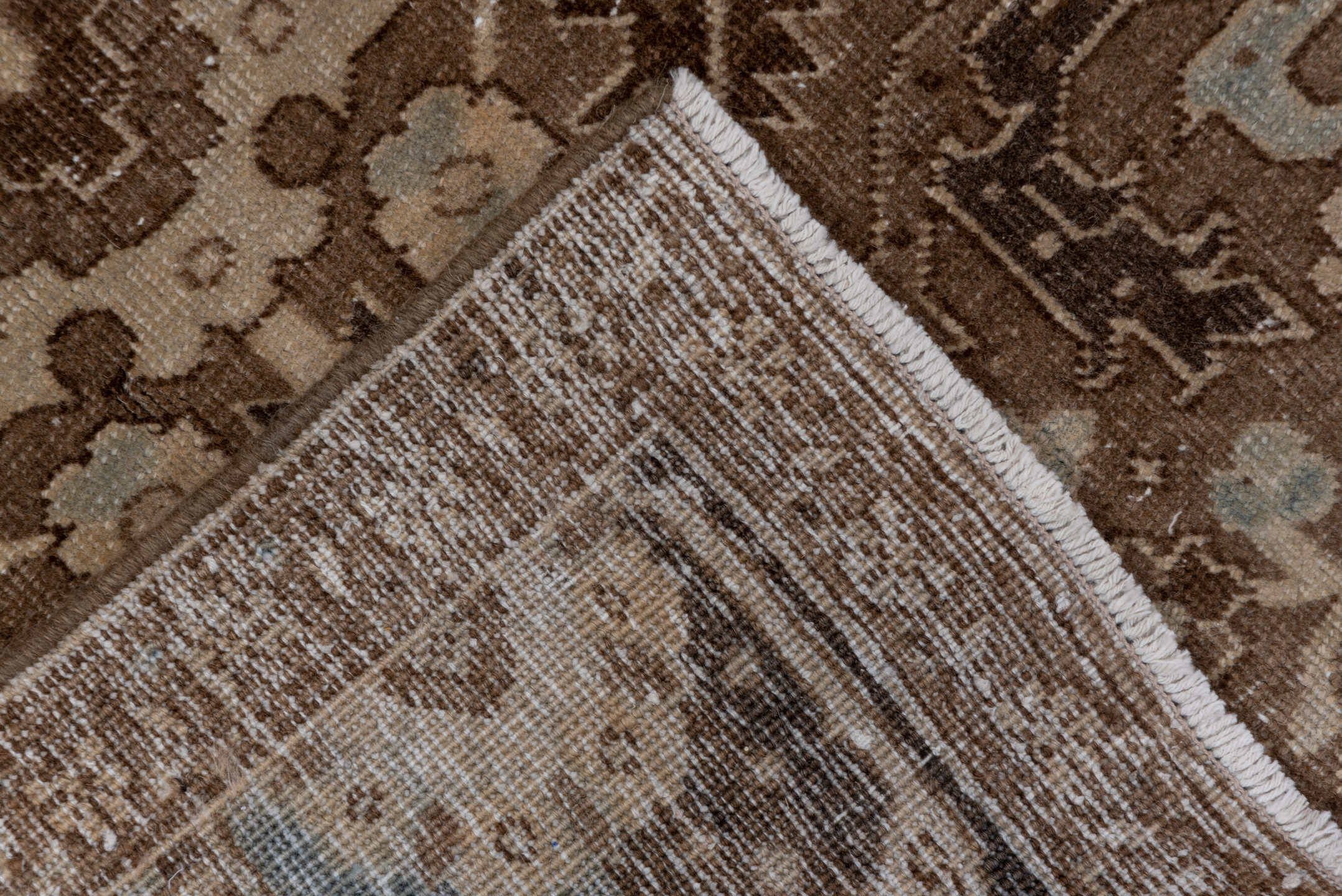 6' x 10' one-of-a-kind handmade vintage Heriz large size rug. Color palette: brown, gray, light gray, off-white, pink, snow