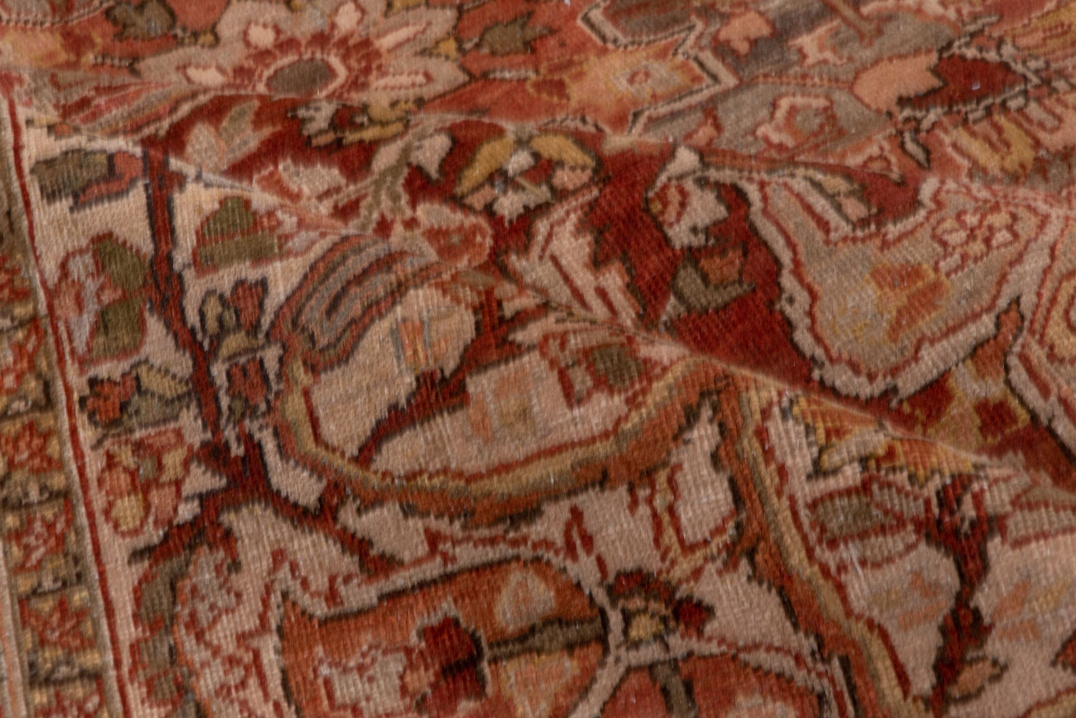 8' x 11' one-of-a-kind handmade antique Heriz large size rug. Color palette: rust, ivory, taupe, slate, terra cotta, camel
