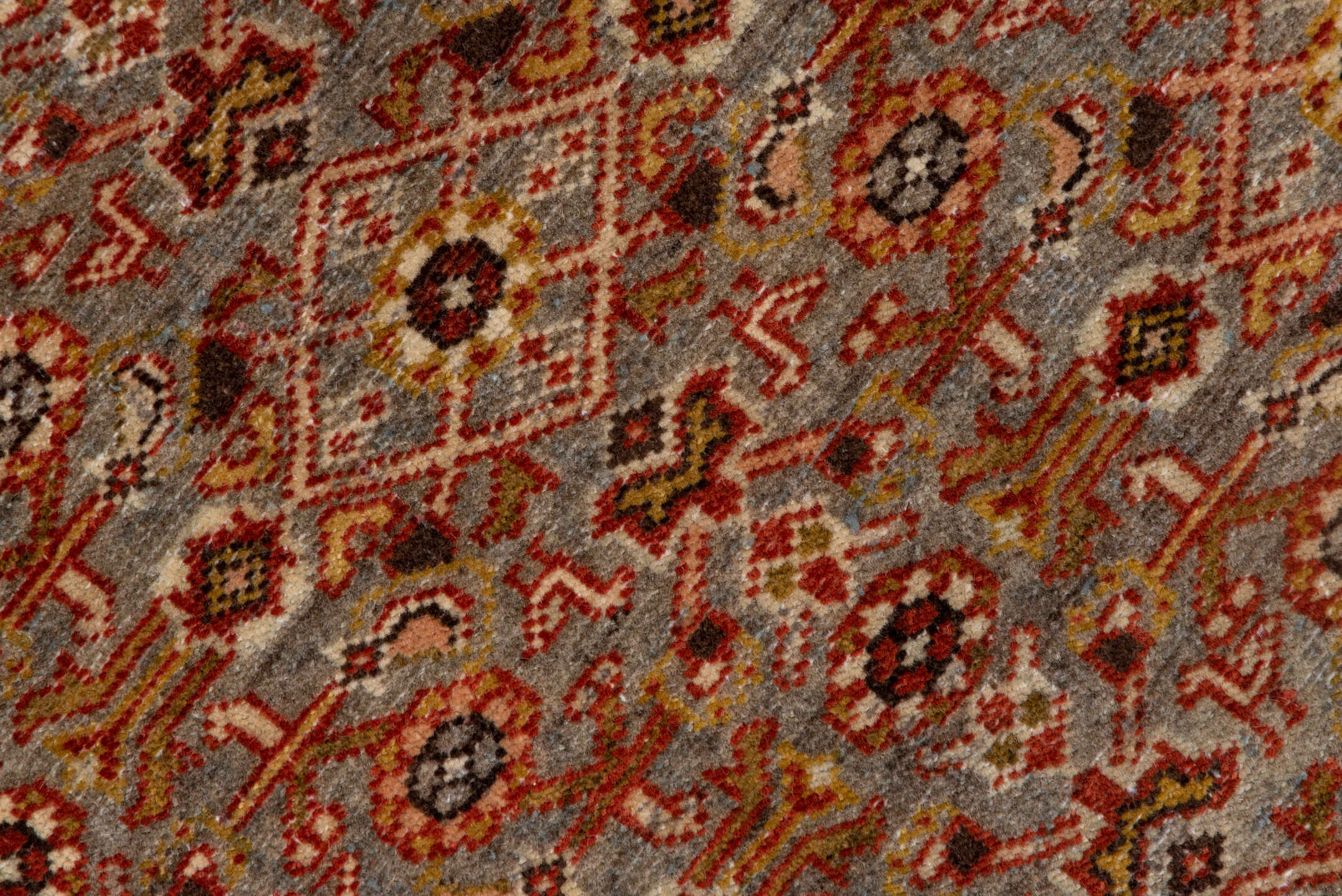 2' x 4' one-of-a-kind handmade antique Malayer small size rug. Color palette: rust, blue-gray, ivory, gold, brown, camel
