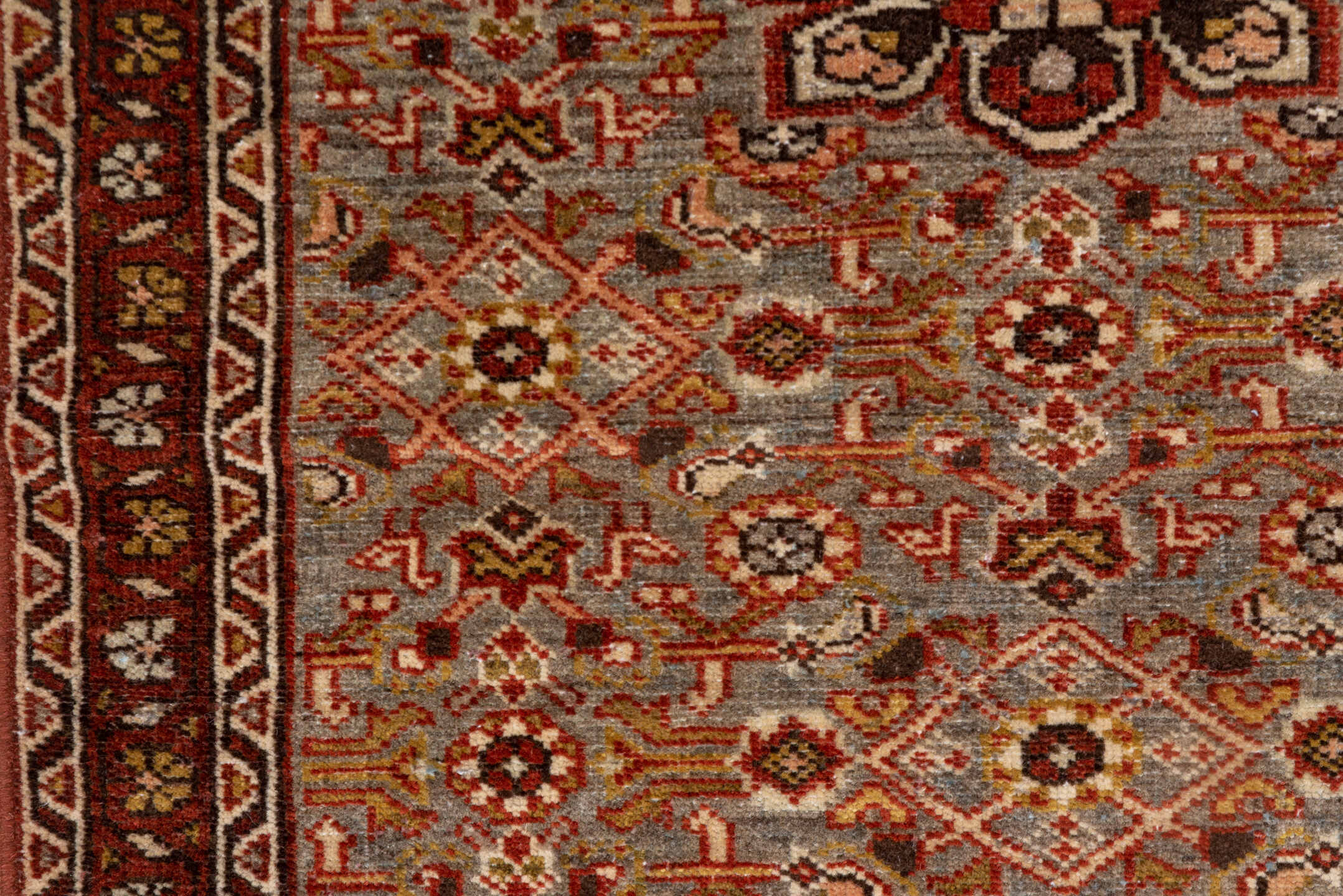 2' x 4' one-of-a-kind handmade antique Malayer small size rug. Color palette: rust, blue-gray, ivory, gold, brown, camel