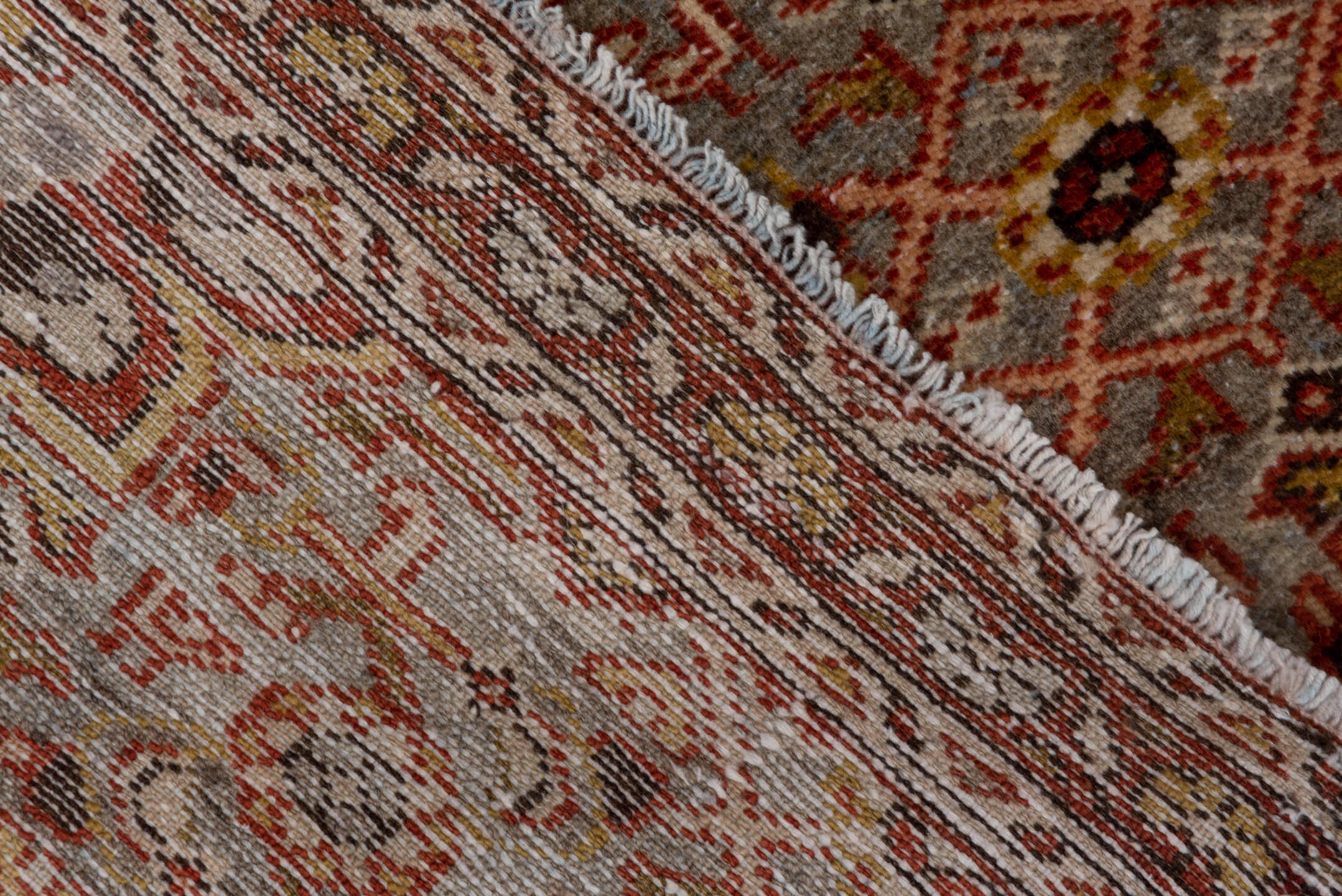 2' x 4' one-of-a-kind handmade vintage Malayer small size rug. Color palette: brown, gray, light gray, off-white, pink