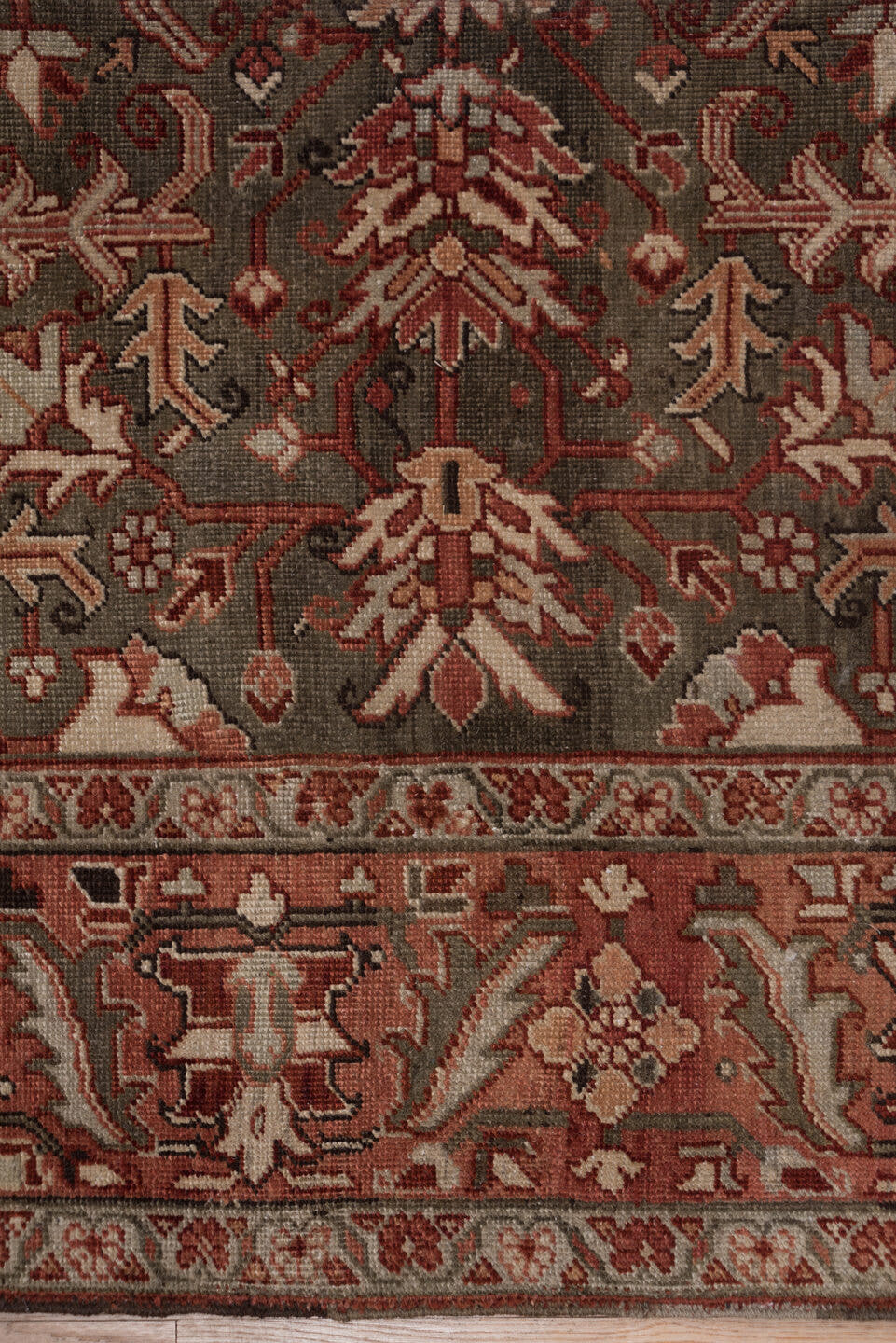 8' x 11' one-of-a-kind handmade vintage Heriz large size rug. Color palette: brown, rust, ivory, terra cotta, charcoal