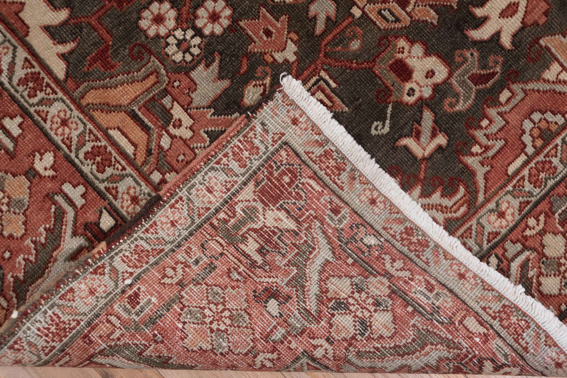 8' x 11' one-of-a-kind handmade vintage Heriz large size rug. Color palette: brown, gray, light gray, off-white, pink