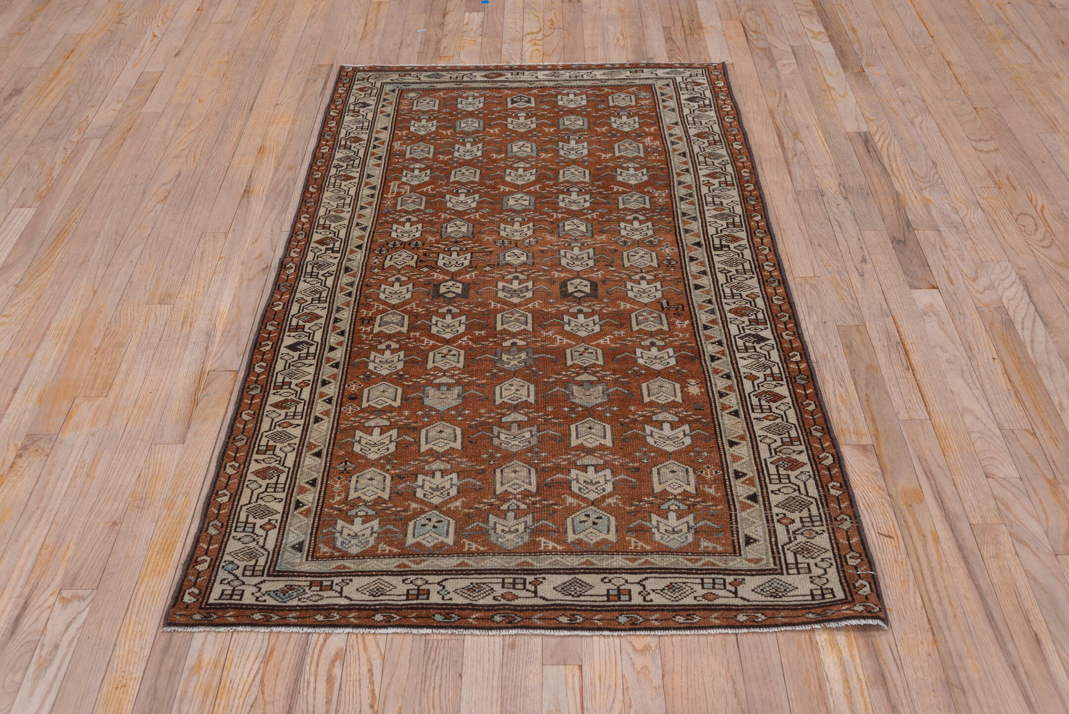 3' x 6' one-of-a-kind handmade antique Malayer small size rug. Color palette: rust, ivory, brown, taupe, charcoal