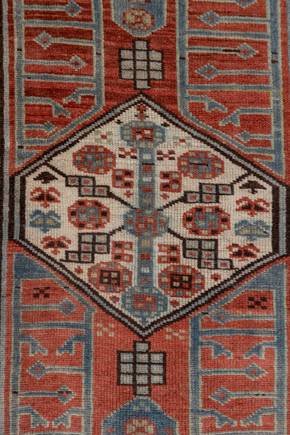 3' x 13' one-of-a-kind handmade vintage Sarab runner rug. Color palette: blue, brown, dark gray, dim gray, gray, light gray