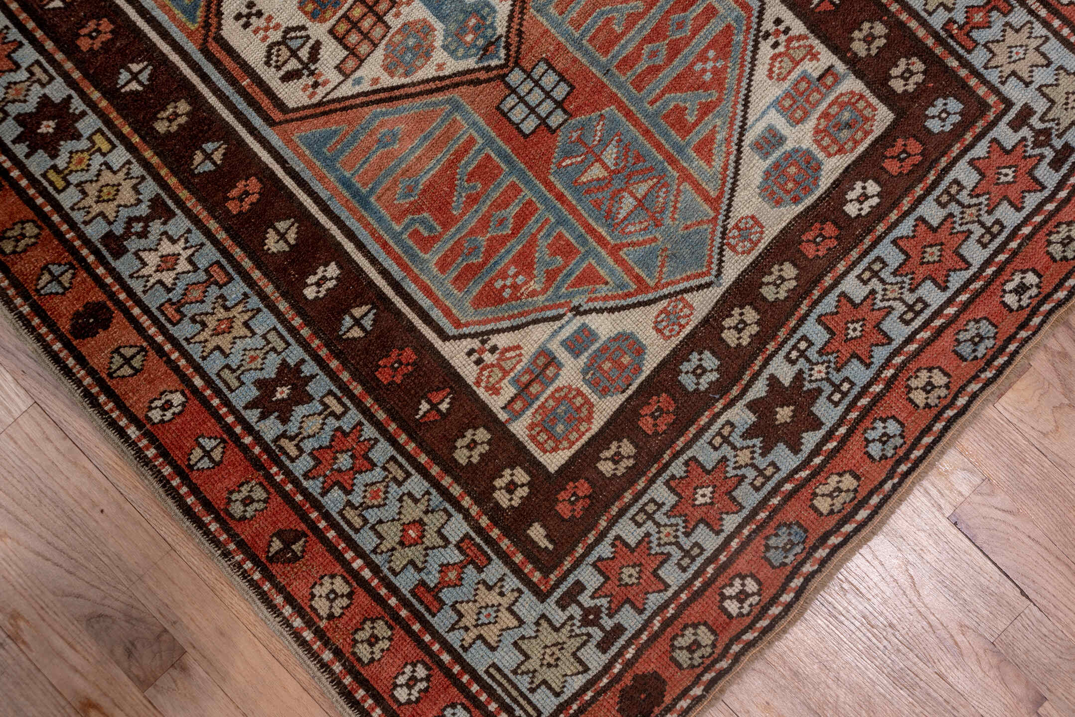 3' x 13' one-of-a-kind handmade antique Sarab runner rug. Color palette: ivory, rust, sky_blue, mahogany, brown, slate_blue