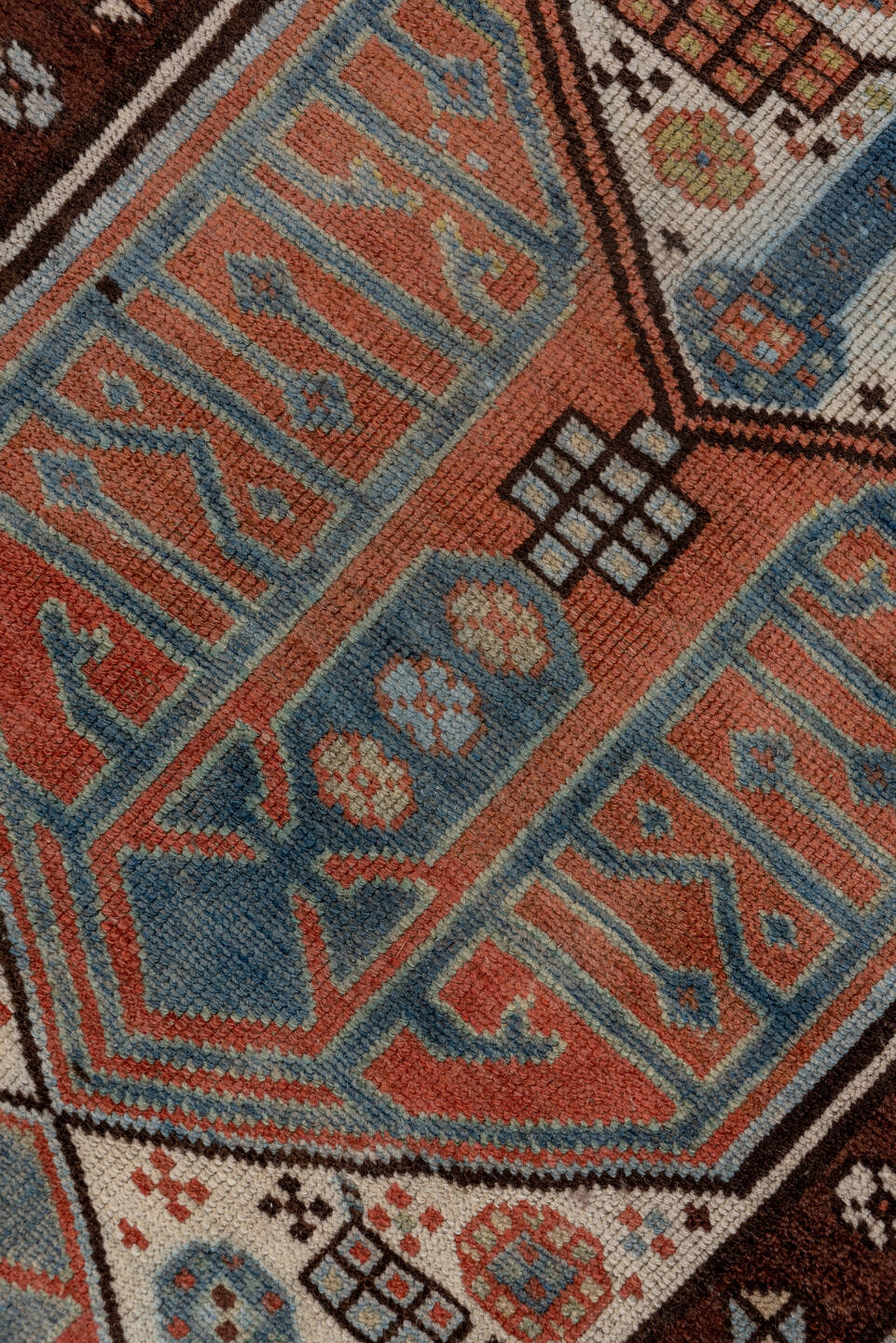 3' x 13' one-of-a-kind handmade antique Sarab runner rug. Color palette: ivory, rust, sky_blue, mahogany, brown, slate_blue