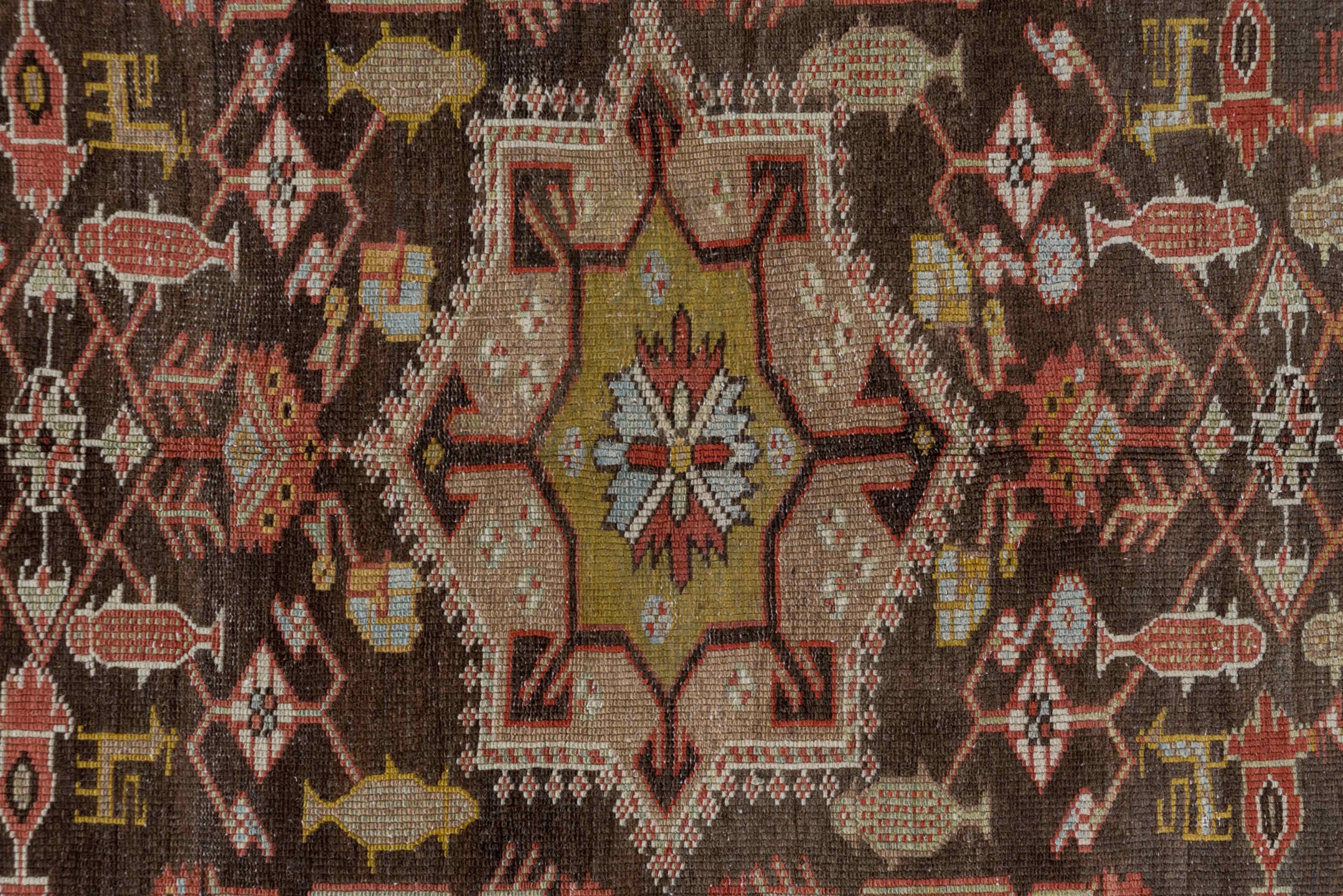 4' x 8' one-of-a-kind handmade antique Malayer rug. Color palette: brown, ivory, rust, camel, sage, soft blue, terracotta