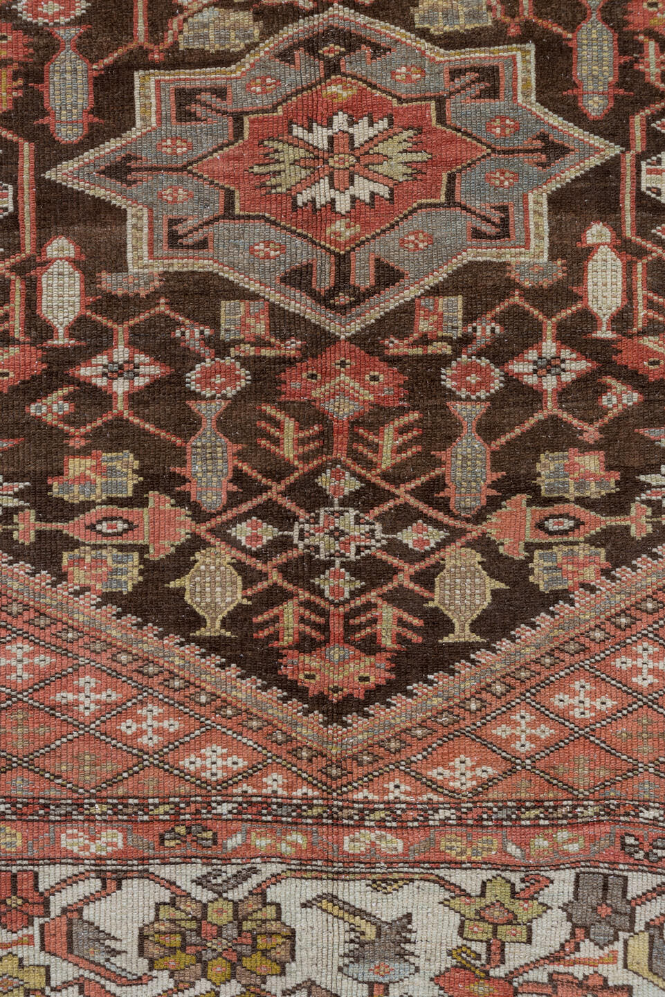 4' x 8' one-of-a-kind handmade antique Malayer rug. Color palette: brown, ivory, rust, camel, sage, soft blue, terracotta