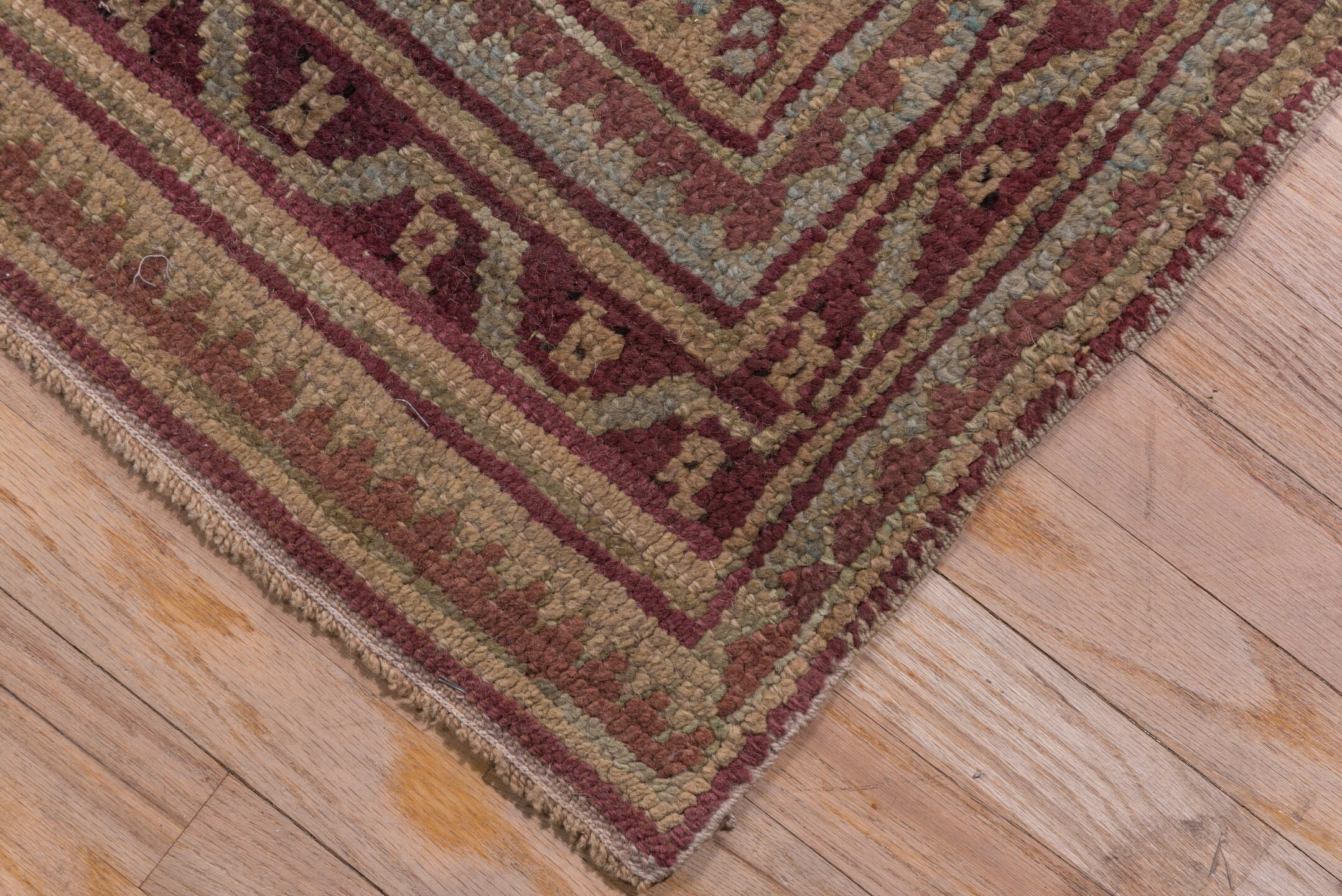 14' x 14' one-of-a-kind handmade antique Oushak oversize rug. Color palette: burgundy, ivory, taupe, sage, muted gold, rose