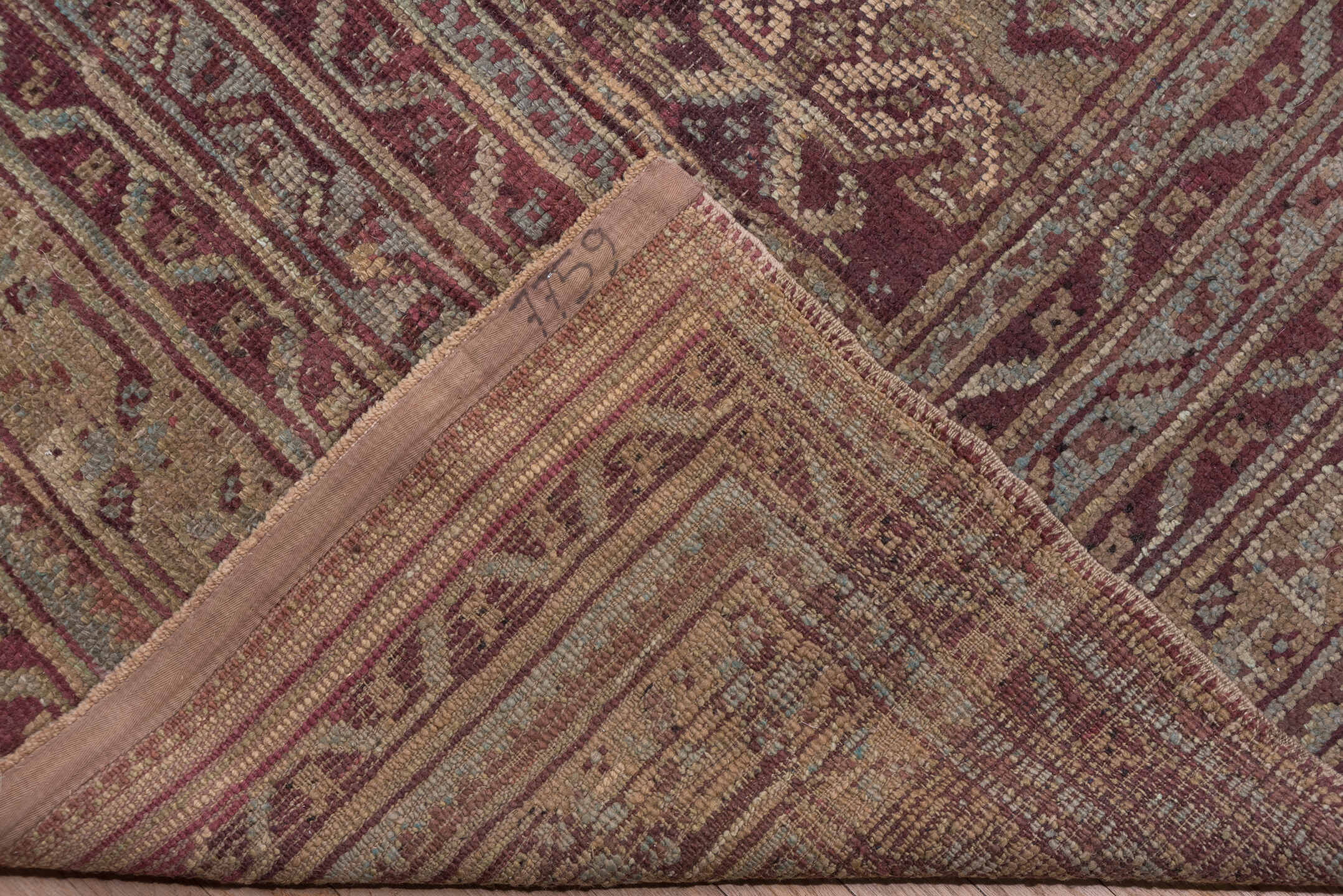 14' x 14' one-of-a-kind handmade antique Oushak oversize rug. Color palette: burgundy, ivory, taupe, sage, rose, gold
