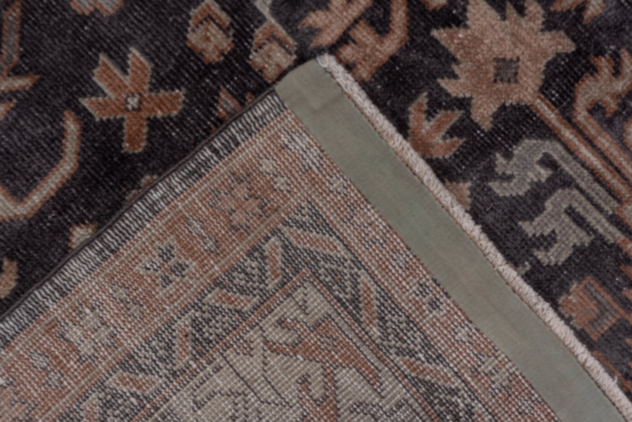 5' x 12' one-of-a-kind handmade vintage Sparta rug. Color palette: black, brown, charcoal, dim gray, gray, red, redwood