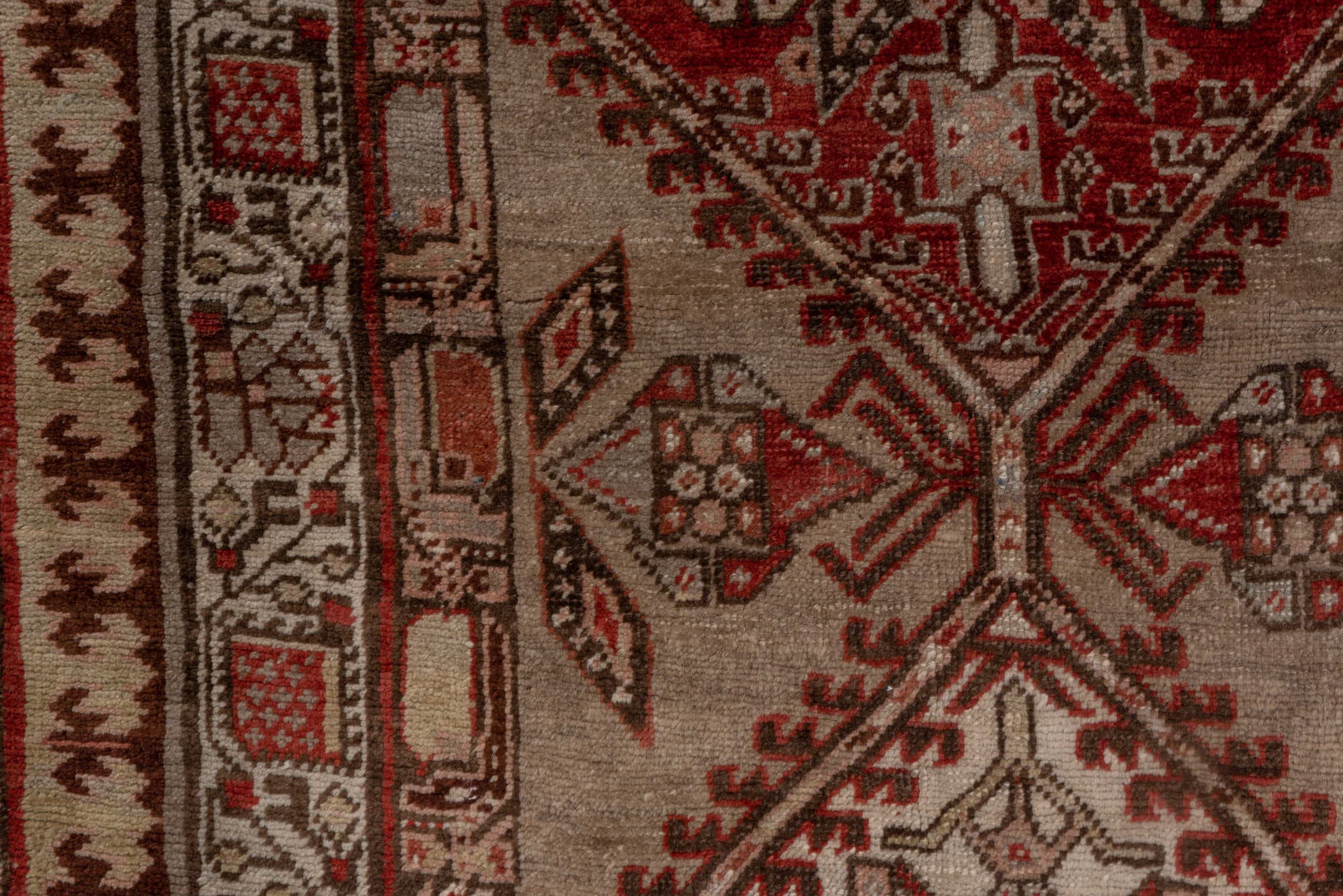 3' x 16' one-of-a-kind handmade antique Sarab runner rug. Color palette: ivory, rust, brown, camel, taupe, brick, charcoal