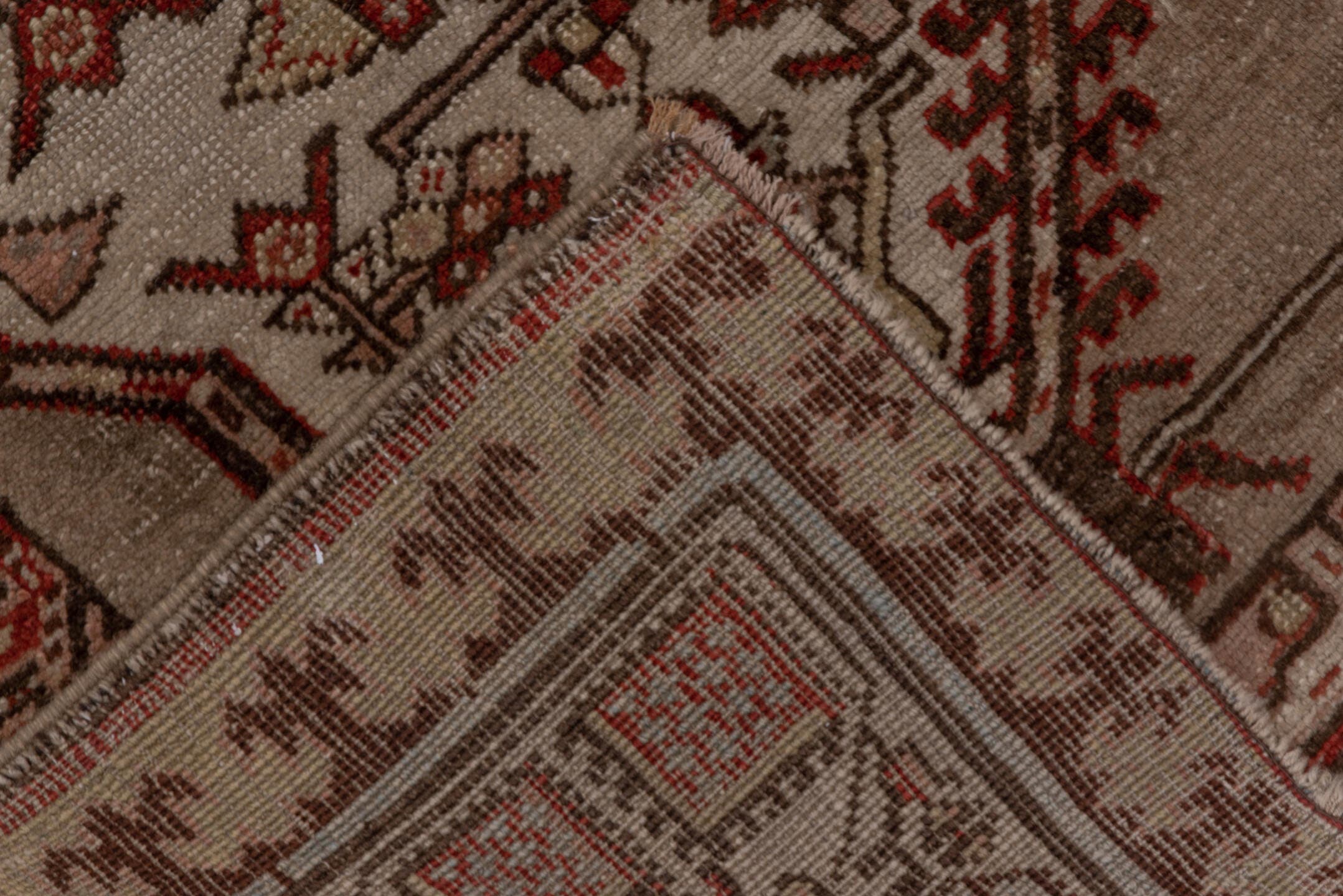 3' x 16' one-of-a-kind handmade antique Sarab runner rug. Color palette: ivory, rust, brown, camel, taupe, brick, charcoal