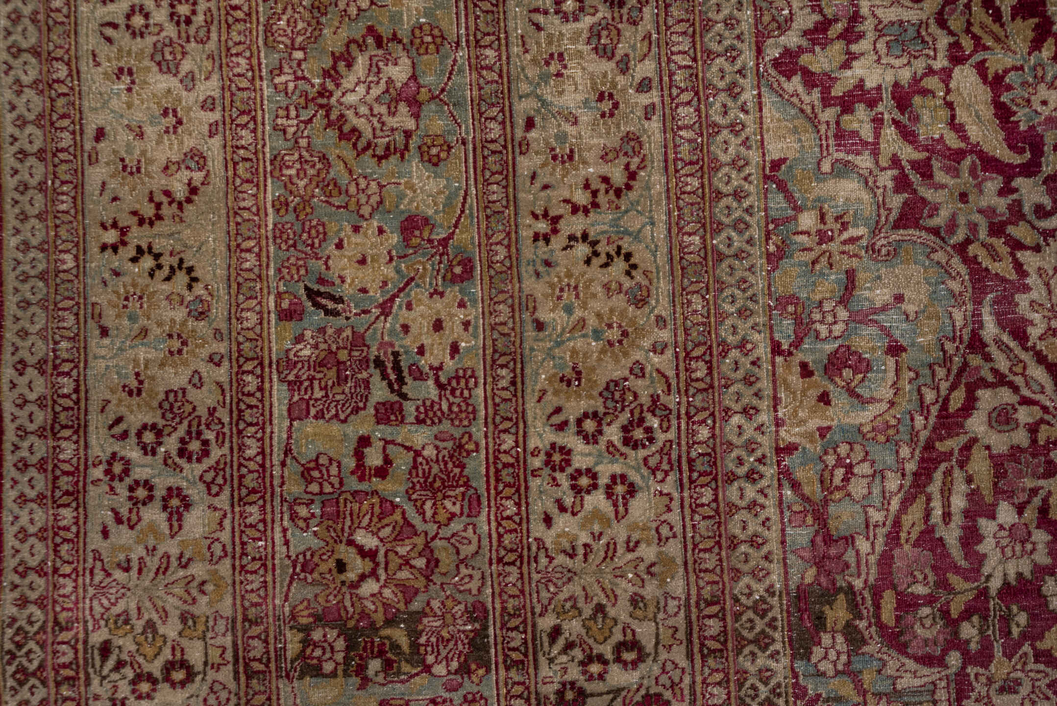 12' x 19' one-of-a-kind handmade antique Khorassan oversize rug. Color palette: rose, ivory, burgundy, dusty blue, blush