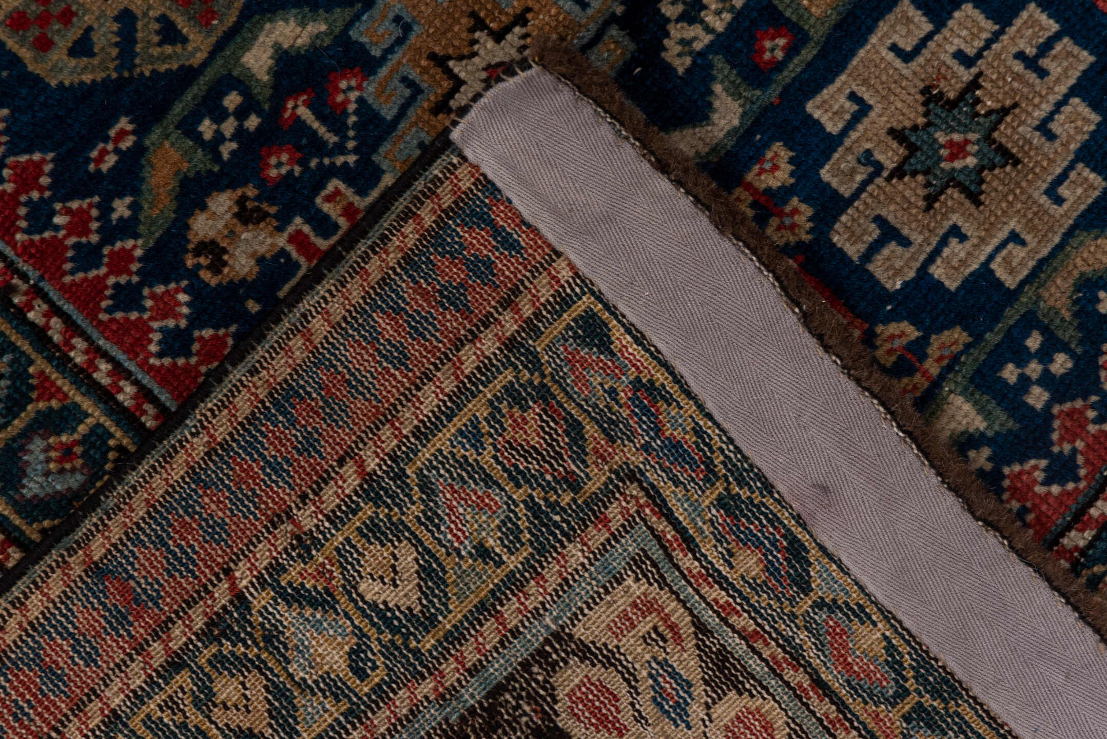 3' x 5' one-of-a-kind handmade antique Chichi small size rug. Color palette: navy, ivory, red, sky_blue, charcoal, camel