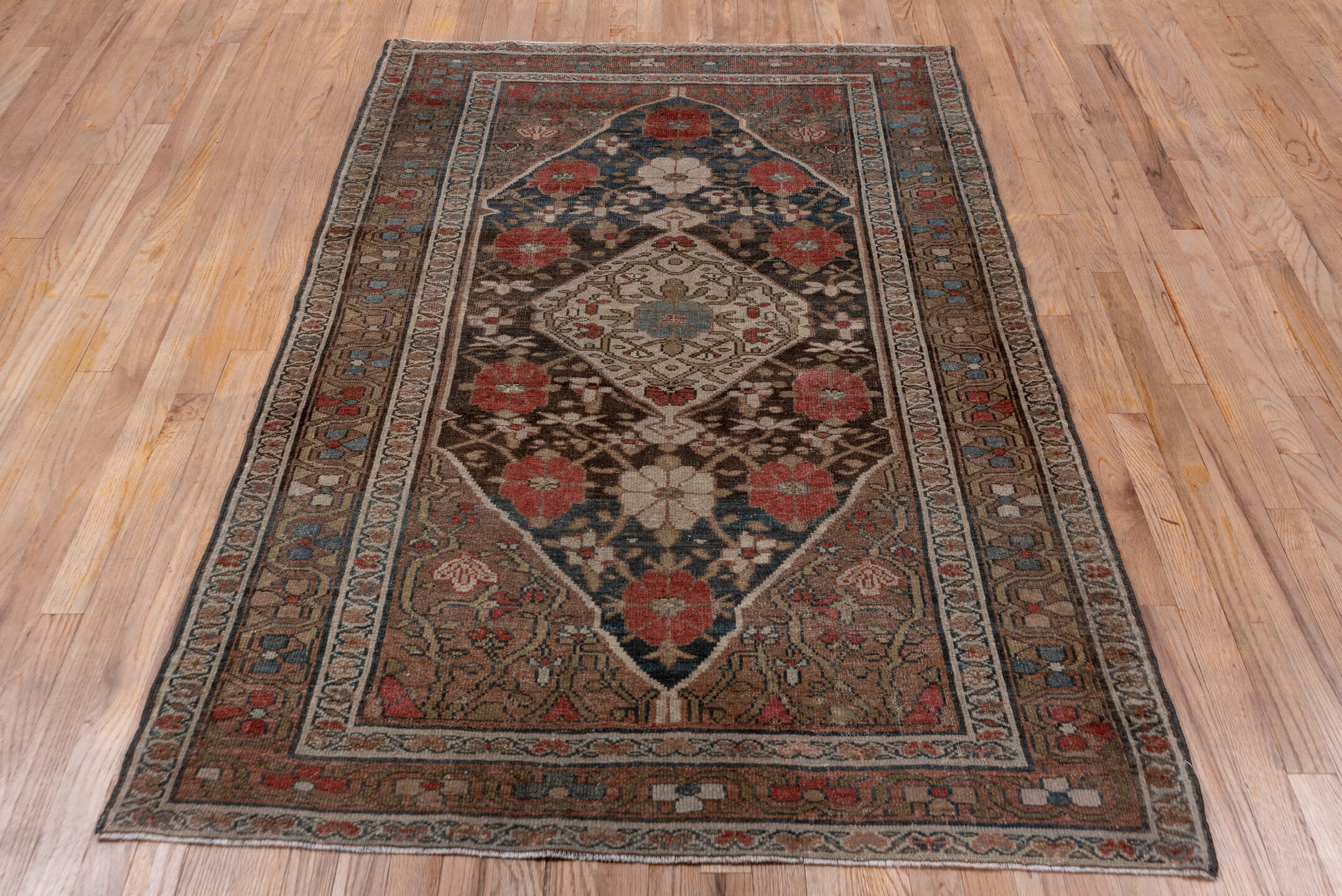 4' x 6' one-of-a-kind handmade antique Malayer small size rug. Color palette: brown, navy, rust, ivory, taupe, slate, rose