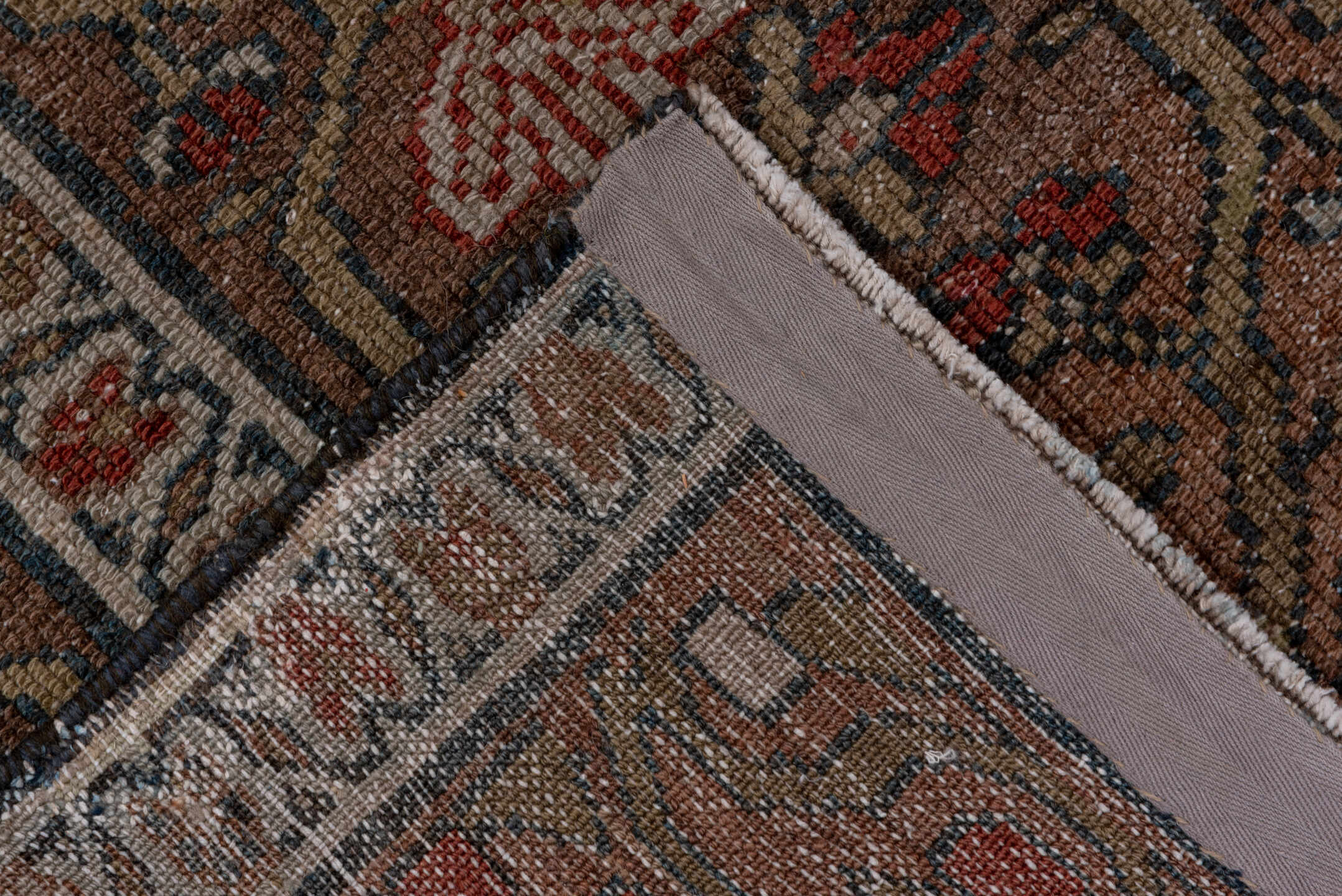 4' x 6' one-of-a-kind handmade antique Malayer small size rug. Color palette: brown, navy, rust, ivory, taupe, slate, rose