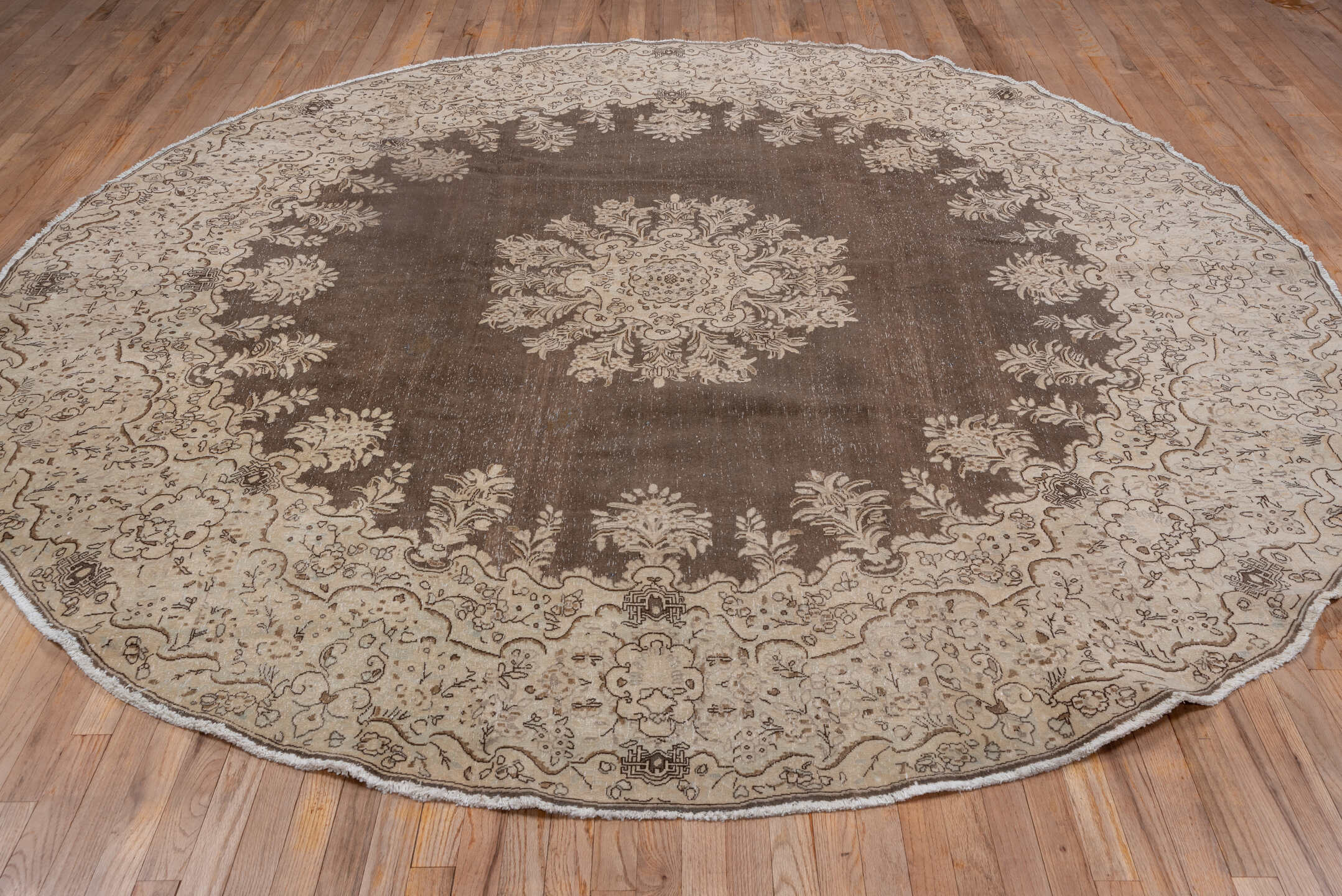 9' x 9' one-of-a-kind handmade vintage Tabriz rug. Color palette: brown, gray, light gray, off-white, pink