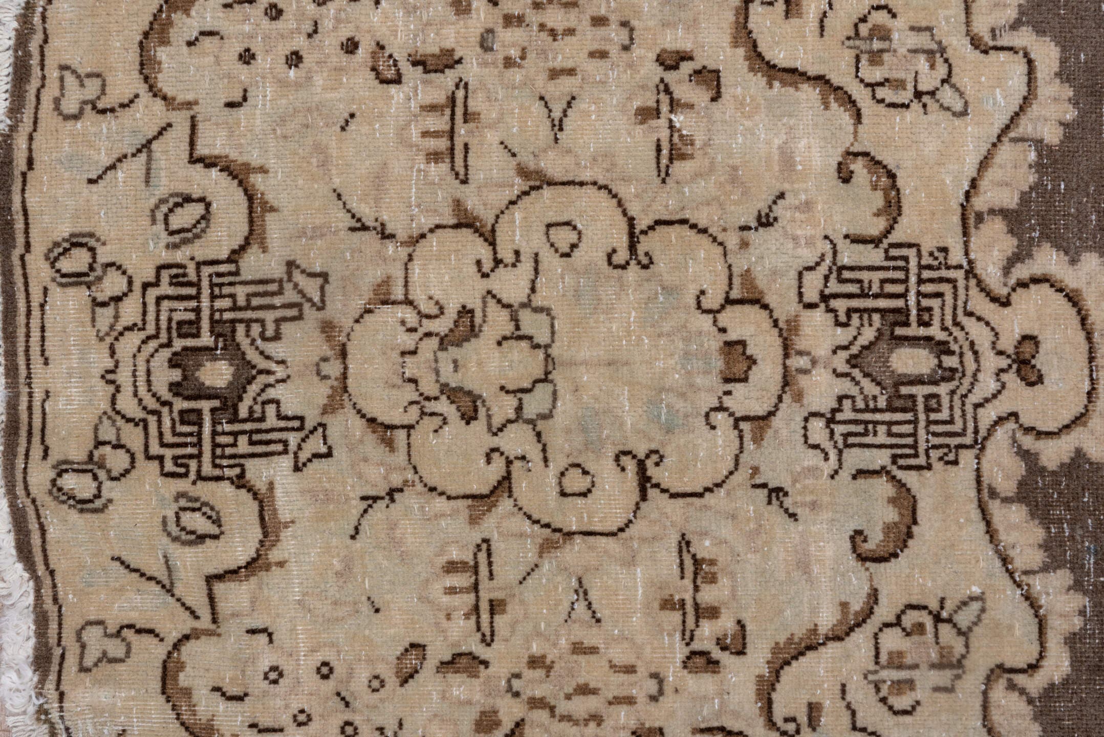 9' x 9' one-of-a-kind handmade antique Tabriz rug. Color palette: ivory, taupe, brown, beige, charcoal, gray, black