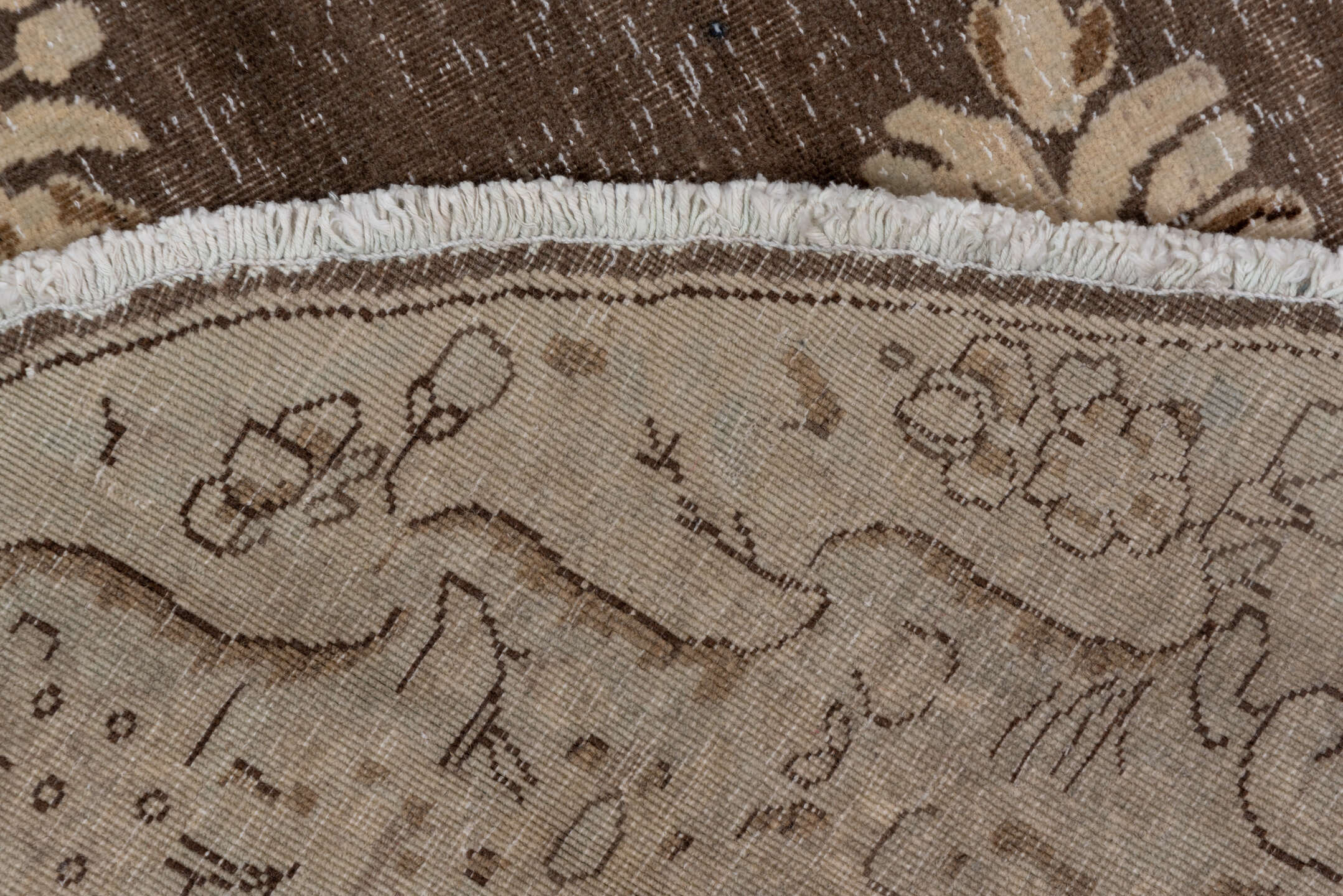 9' x 9' one-of-a-kind handmade vintage Tabriz rug. Color palette: brown, gray, light gray, off-white, pink