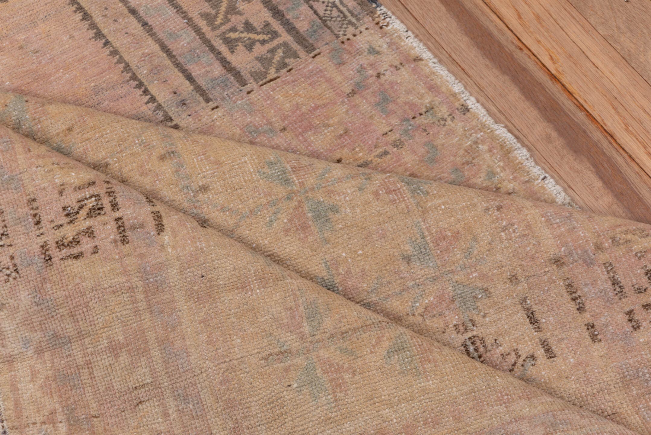 2' x 4' one-of-a-kind handmade antique Anatolian small size rug. Color palette: beige, taupe, camel, dusty rose, sage, brown
