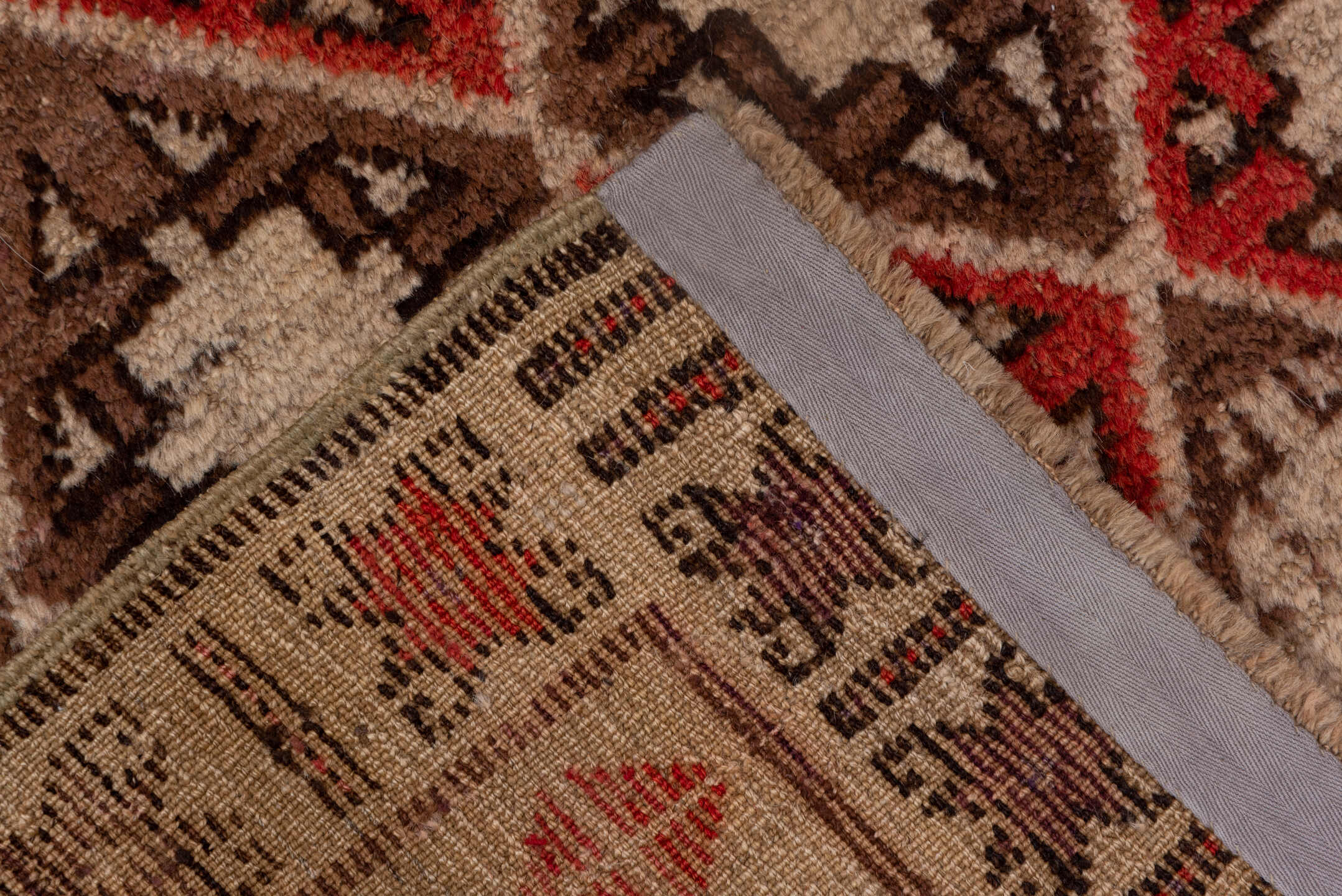 4' x 6' one-of-a-kind handmade vintage Oushak small size rug. Color palette: brown, fire brick, off-white, orange, pink, red