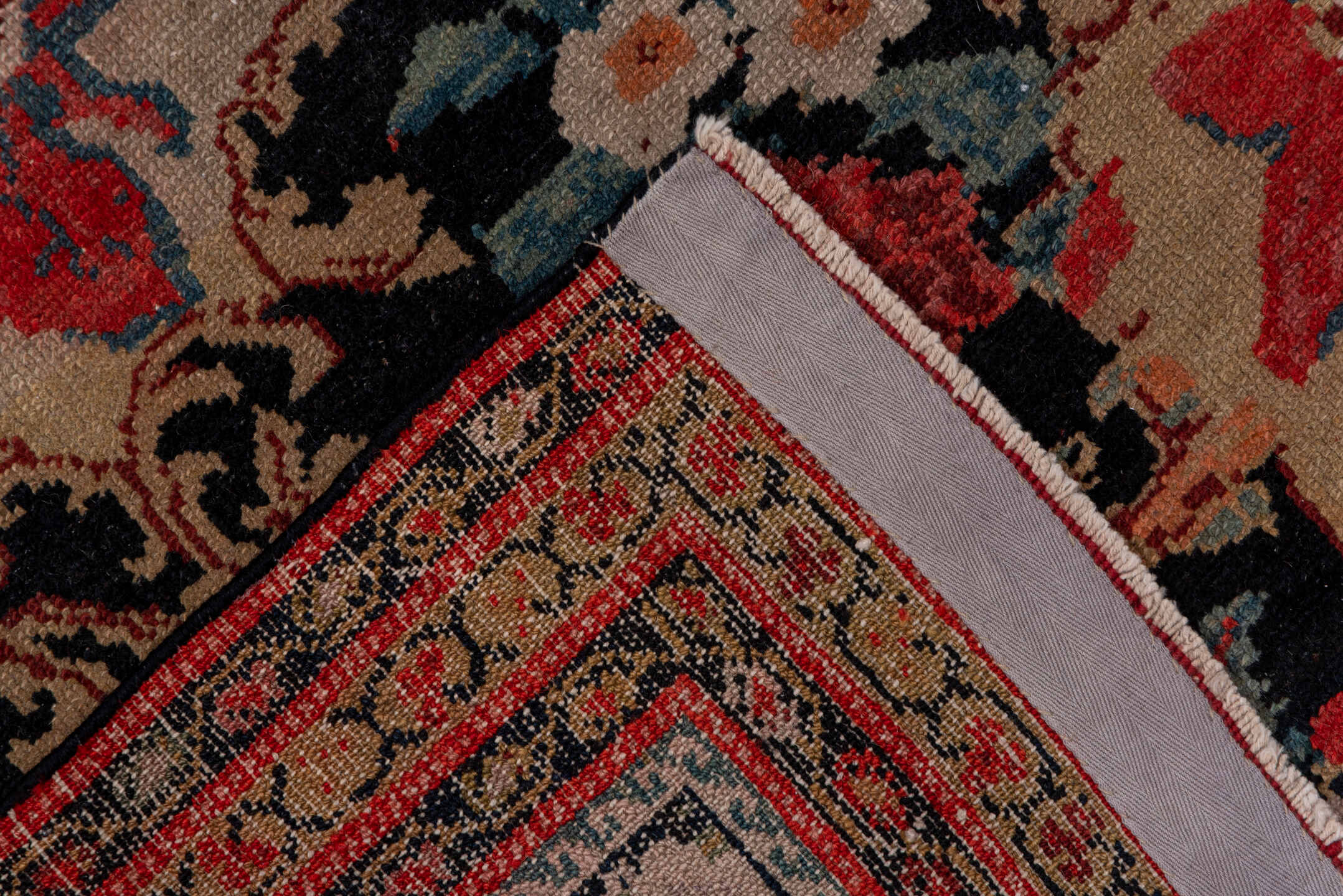 4' x 5' one-of-a-kind handmade vintage Malayer small size rug. Color palette: black, brown, gray, pink, red
