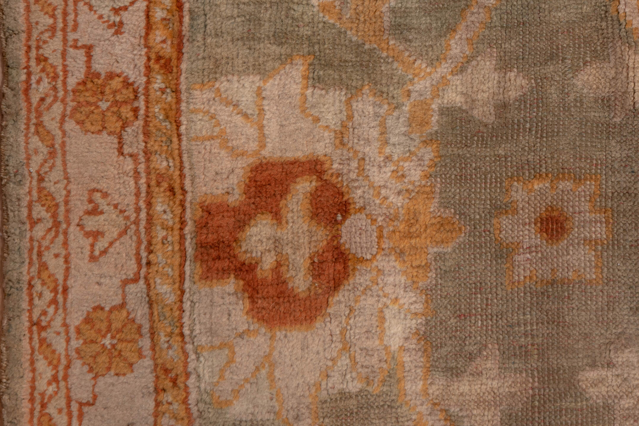 3' x 9' one-of-a-kind handmade vintage Oushak runner rug. Color palette: brown, off-white, pink, red, saddle brown, snow