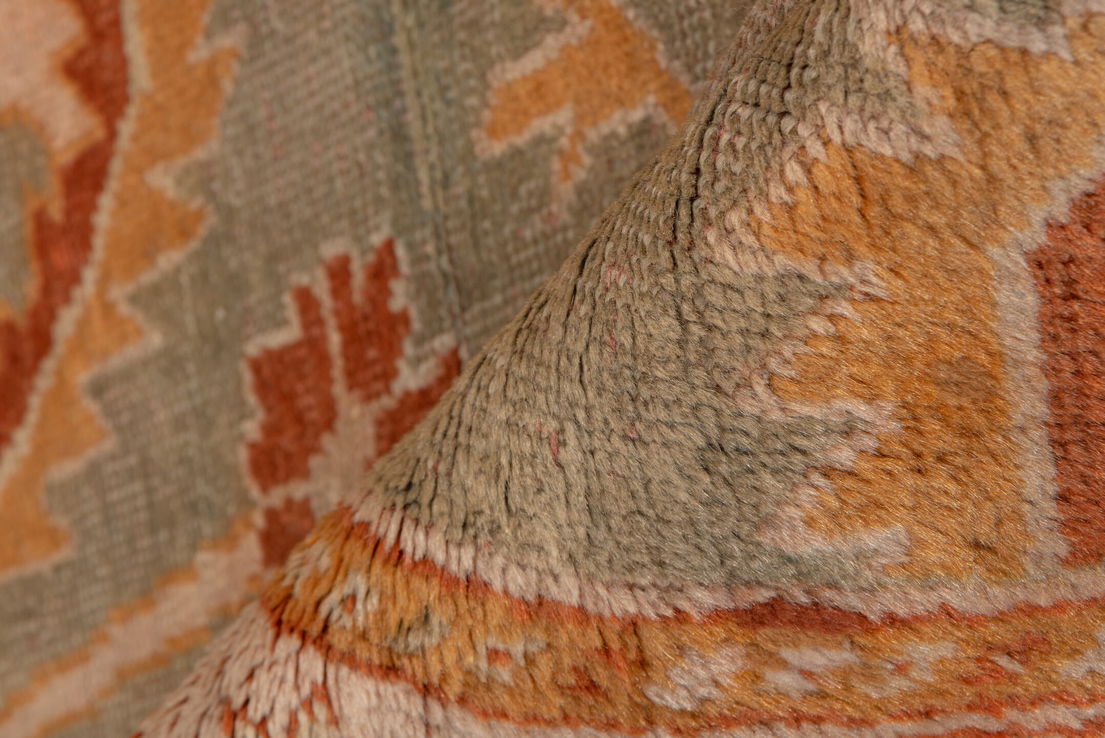 3' x 9' one-of-a-kind handmade vintage Oushak runner rug. Color palette: brown, off-white, pink, red, saddle brown, snow