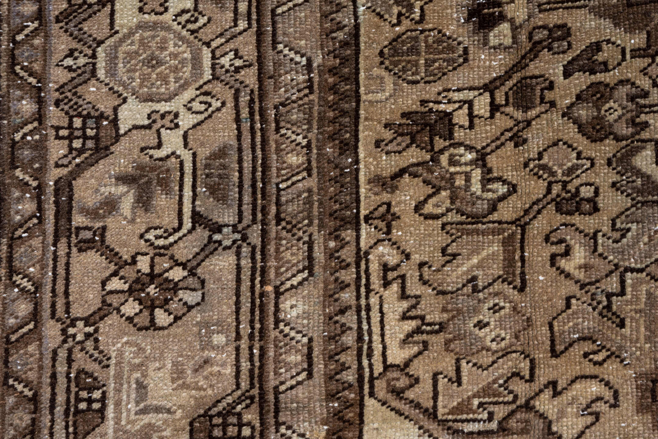 7' x 10' one-of-a-kind handmade antique Heriz large size rug. Color palette: taupe, camel, ivory, brown, beige, charcoal