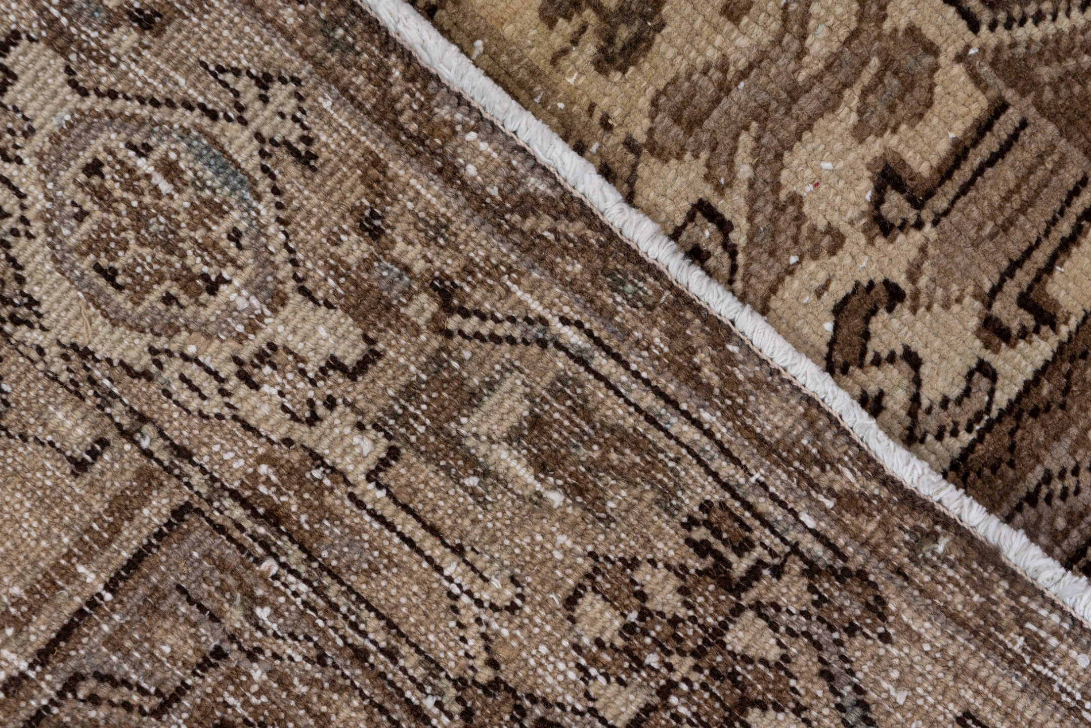 7' x 10' one-of-a-kind handmade antique Heriz large size rug. Color palette: taupe, camel, ivory, brown, beige, charcoal