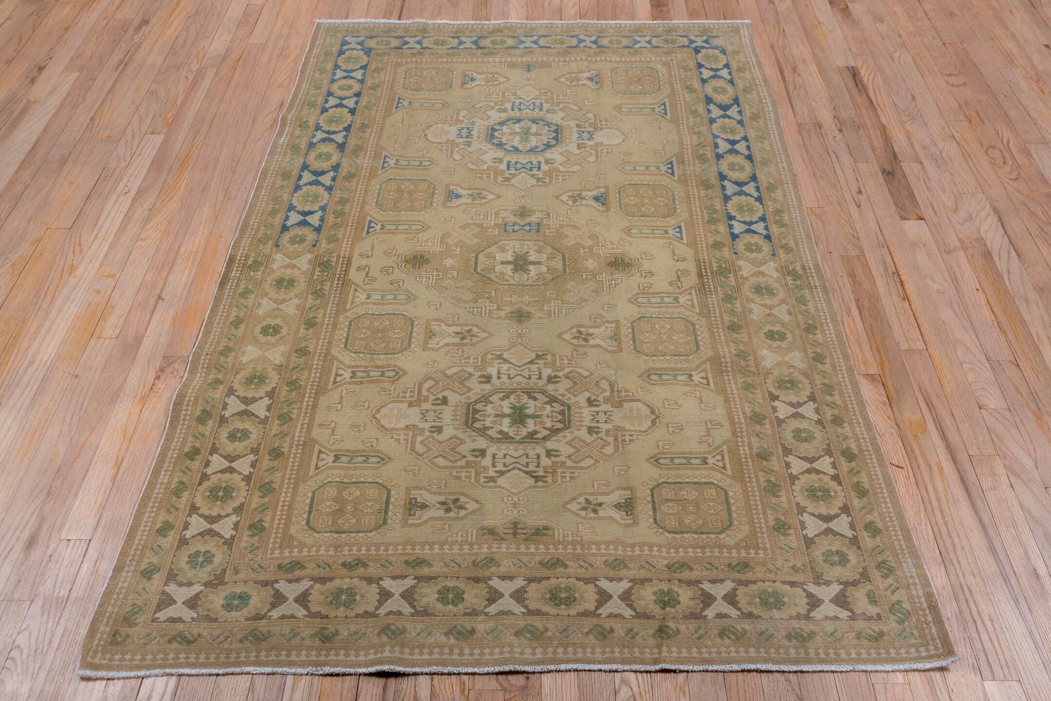4' x 6' one-of-a-kind handmade antique Oushak small size rug. Color palette: beige, taupe, sage, blue, ivory, camel, olive