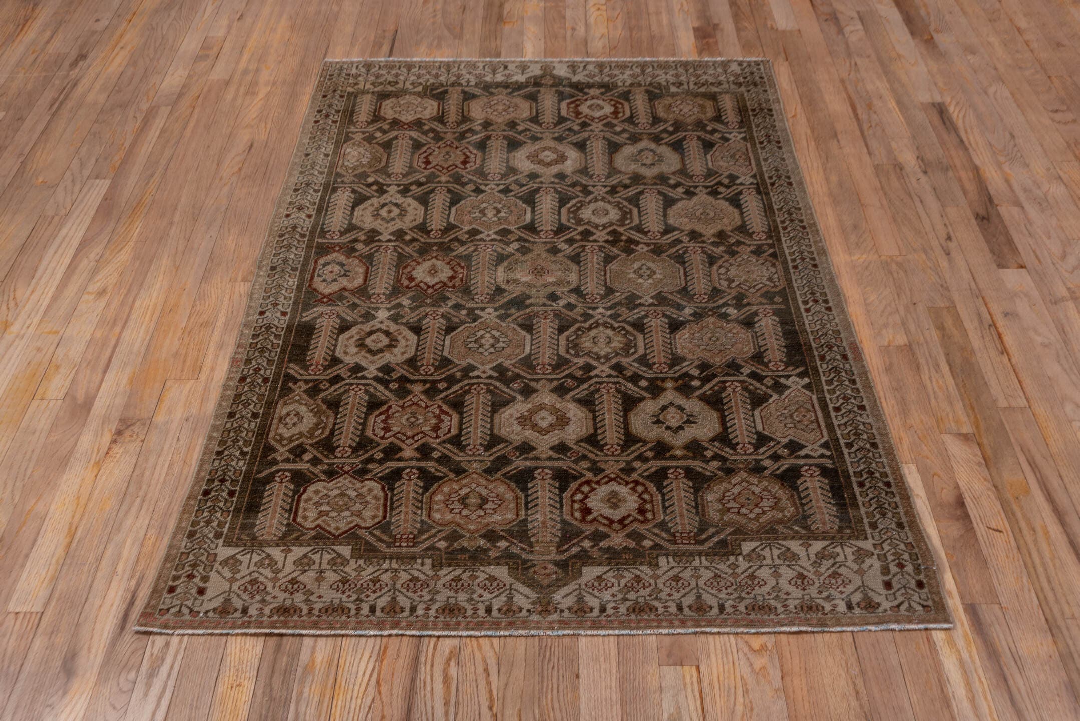 3' x 6' one-of-a-kind handmade antique Malayer small size rug. Color palette: brown, ivory, taupe, rust, charcoal, camel